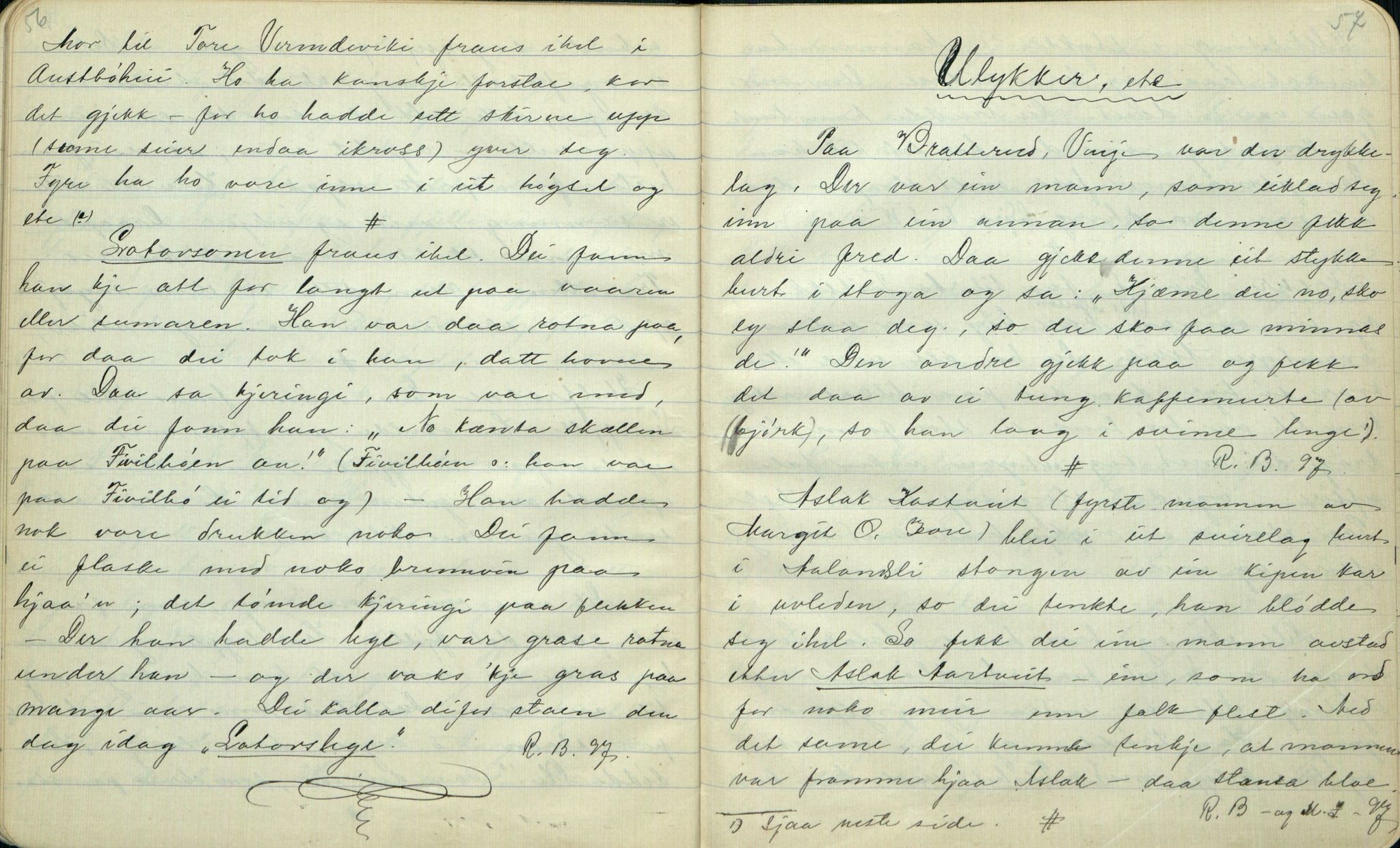 Rikard Berge, TEMU/TGM-A-1003/F/L0001/0005: 001-030 Innholdslister / 2. Erindringer om merkelige begivenheter, slegter, personligheder, 1900, s. 56-57