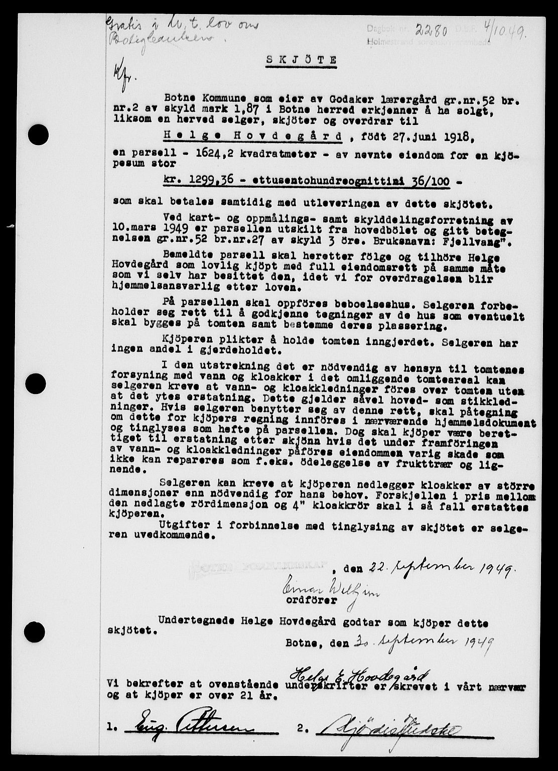 Holmestrand sorenskriveri, SAKO/A-67/G/Ga/Gaa/L0067: Pantebok nr. A-67, 1949-1949, Dagboknr: 2280/1949