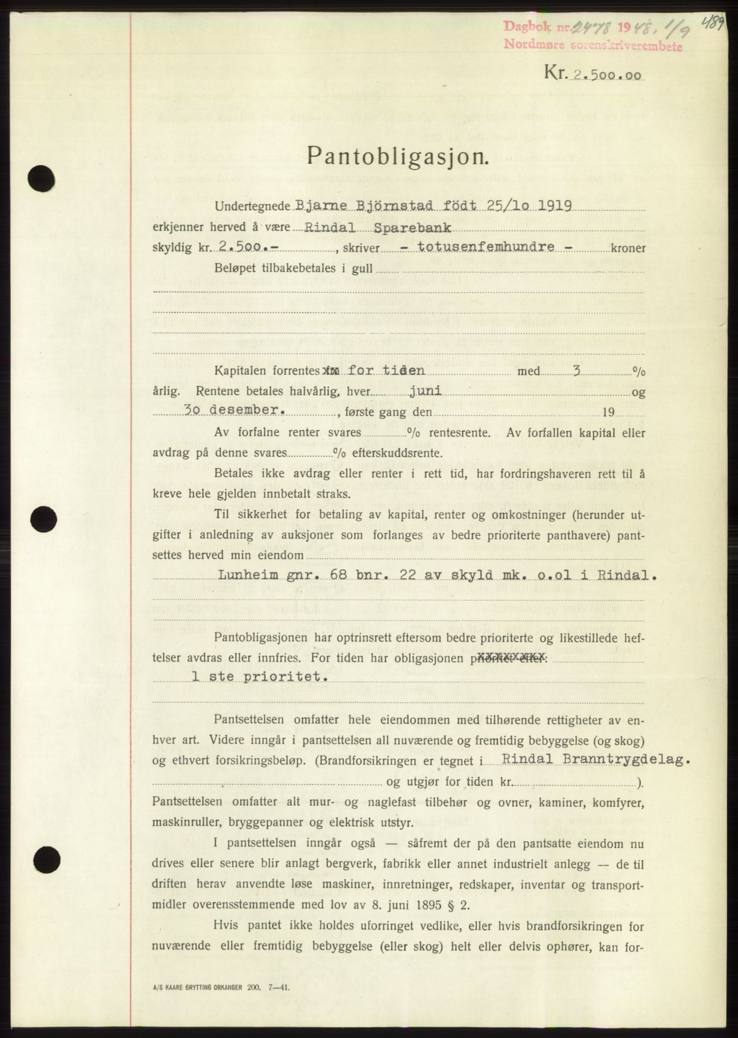 Nordmøre sorenskriveri, SAT/A-4132/1/2/2Ca: Pantebok nr. B99, 1948-1948, Dagboknr: 2478/1948