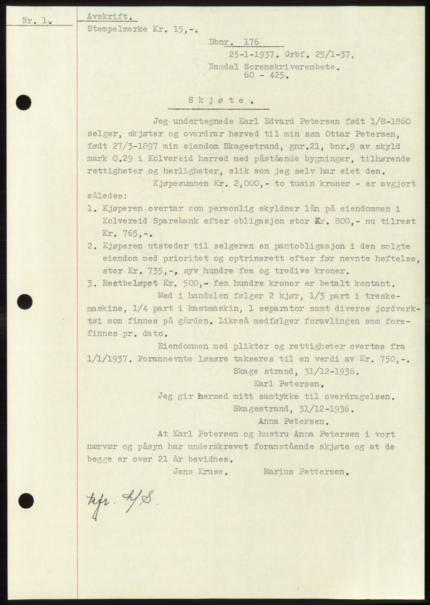 Namdal sorenskriveri, SAT/A-4133/1/2/2C: Pantebok nr. -, 1937-1939, Tingl.dato: 25.01.1937