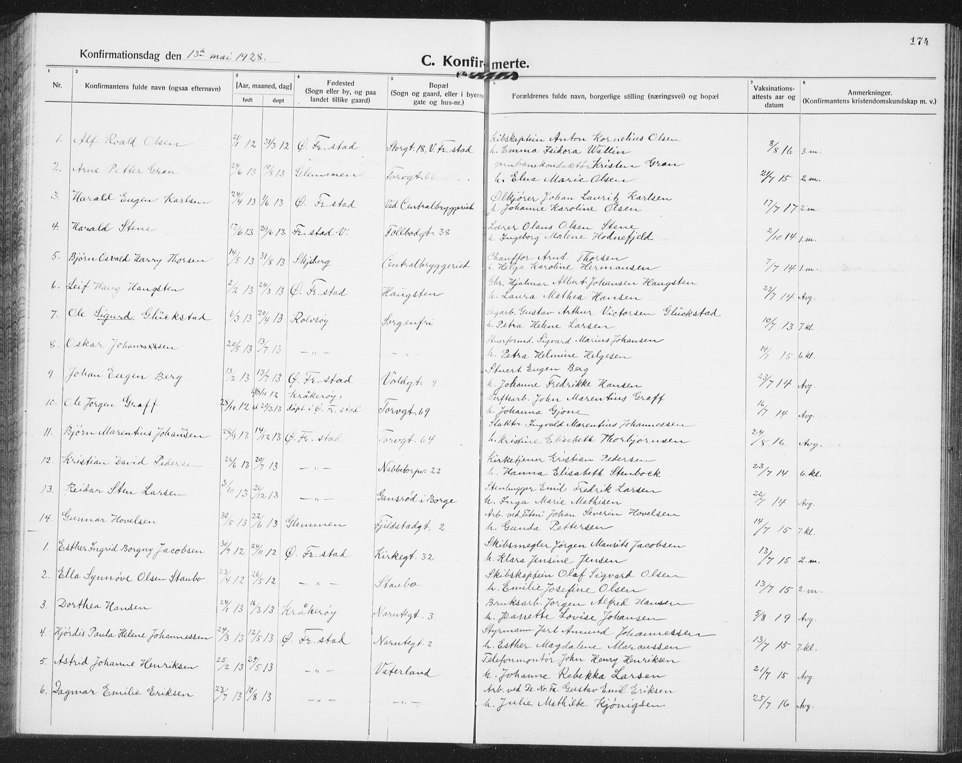 Østre Fredrikstad prestekontor Kirkebøker, AV/SAO-A-10907/G/Ga/L0003: Klokkerbok nr. 3, 1920-1940, s. 174