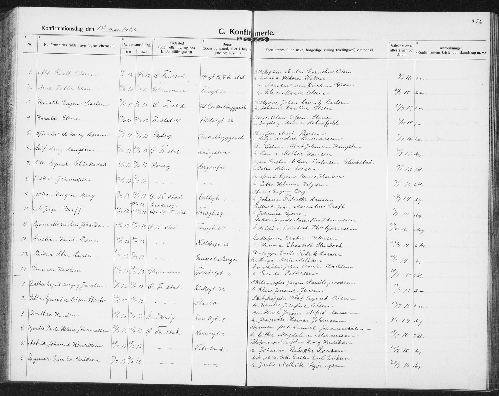 Østre Fredrikstad prestekontor Kirkebøker, SAO/A-10907/G/Ga/L0003: Klokkerbok nr. 3, 1920-1940, s. 174