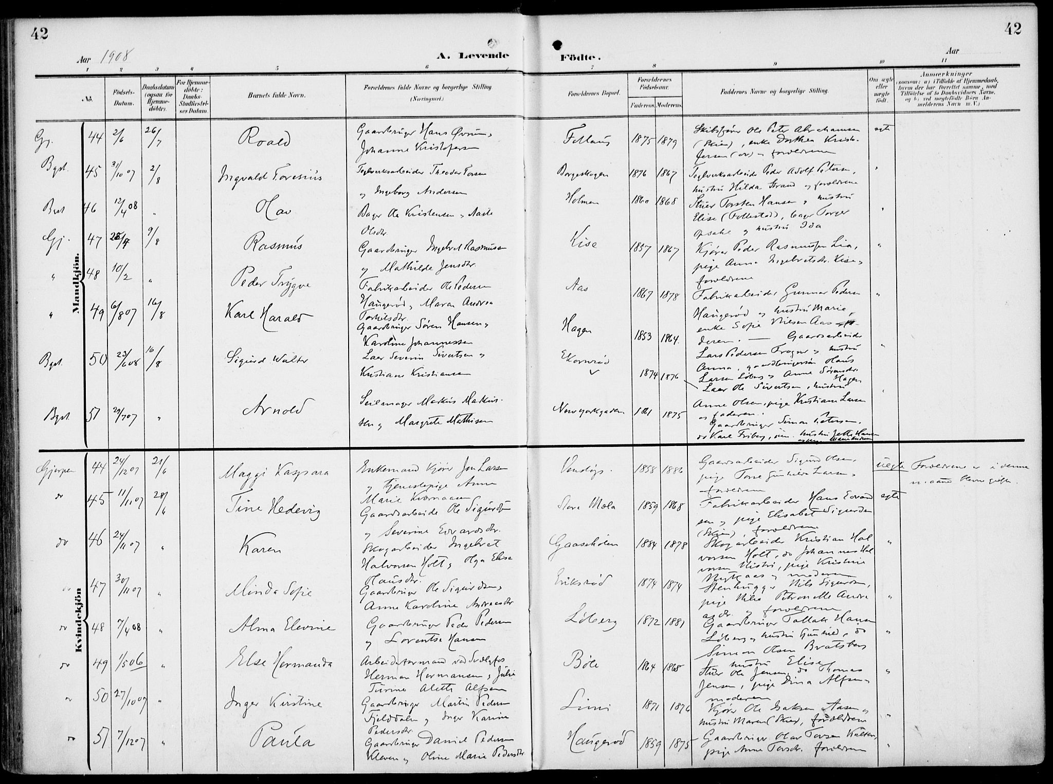 Gjerpen kirkebøker, AV/SAKO-A-265/F/Fa/L0012: Ministerialbok nr. I 12, 1905-1913, s. 42