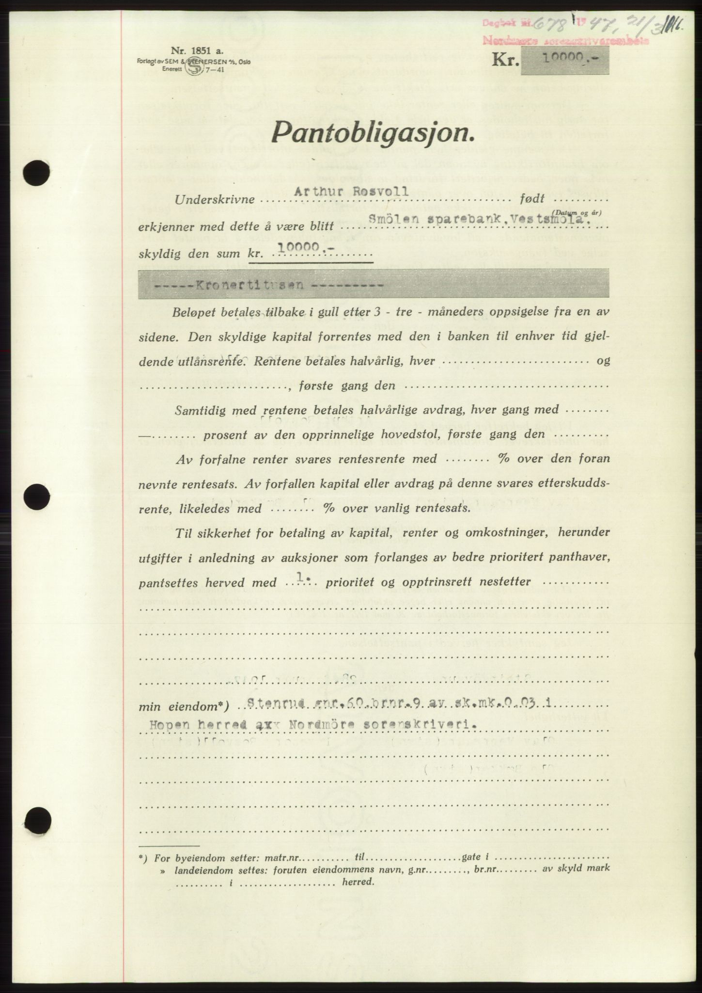 Nordmøre sorenskriveri, AV/SAT-A-4132/1/2/2Ca: Pantebok nr. B95, 1946-1947, Dagboknr: 678/1947