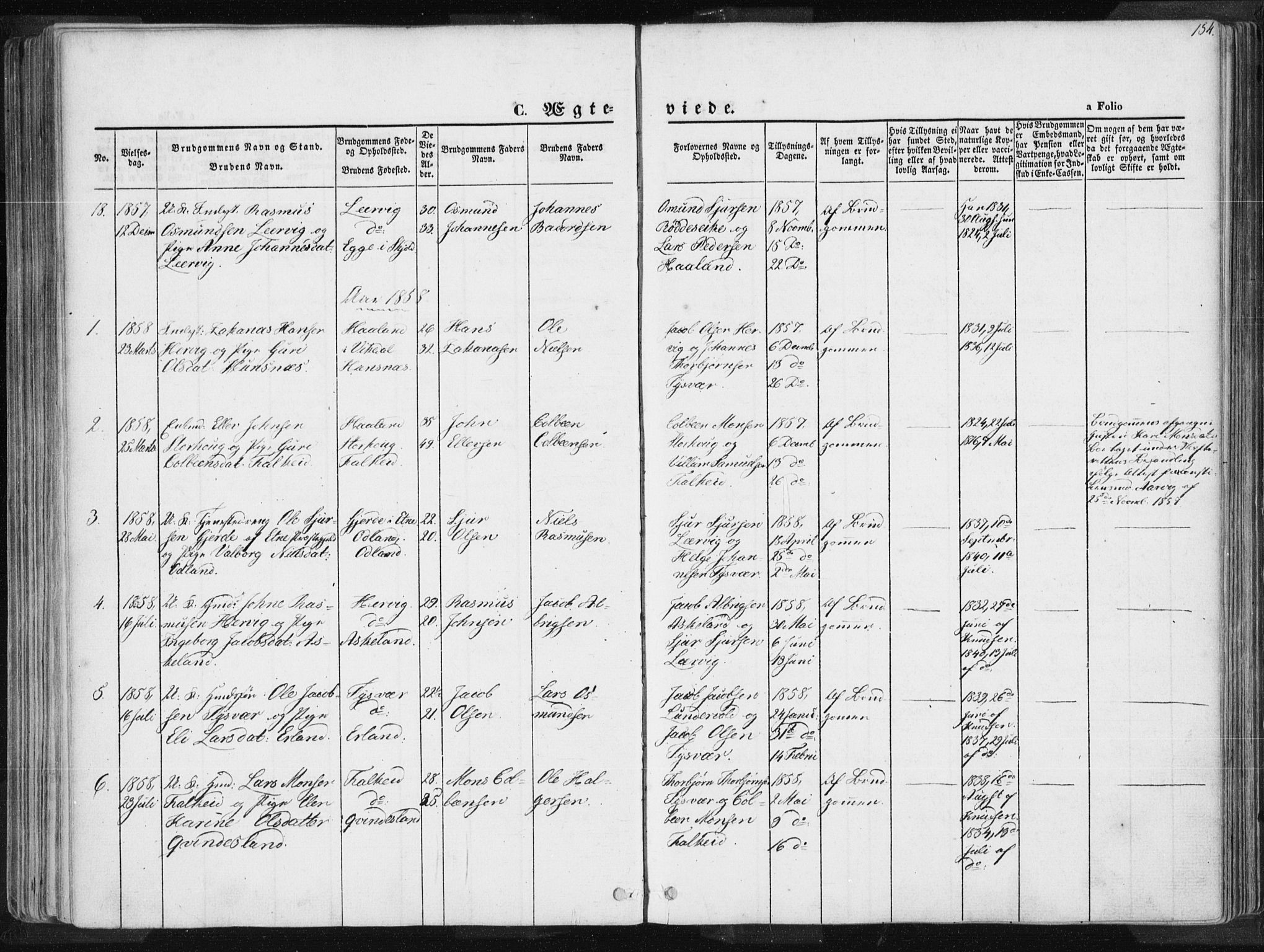 Tysvær sokneprestkontor, AV/SAST-A -101864/H/Ha/Haa/L0003: Ministerialbok nr. A 3, 1856-1865, s. 154