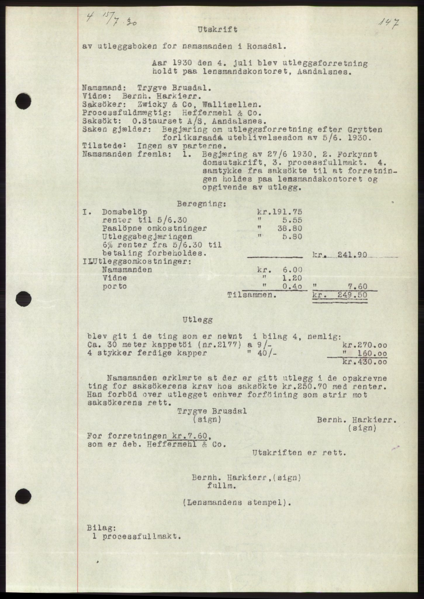 Romsdal sorenskriveri, SAT/A-4149/1/2/2C/L0058: Pantebok nr. 52, 1930-1930, Tingl.dato: 15.07.1930