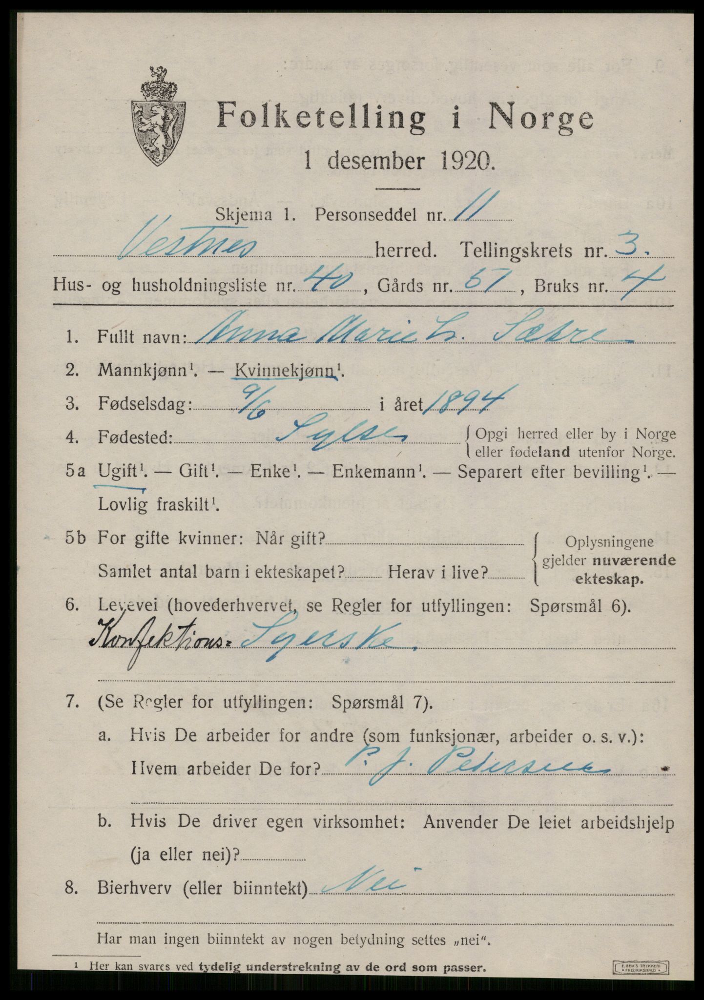SAT, Folketelling 1920 for 1535 Vestnes herred, 1920, s. 3097