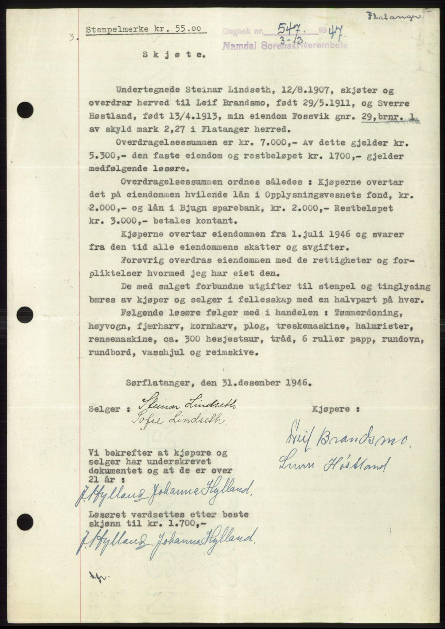Namdal sorenskriveri, SAT/A-4133/1/2/2C: Pantebok nr. -, 1946-1947, Dagboknr: 547/1947