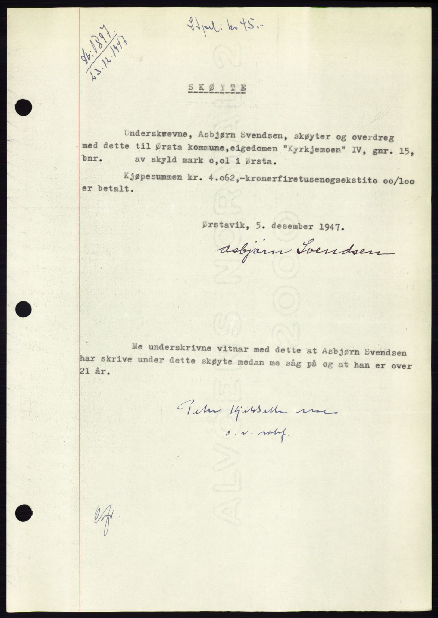 Søre Sunnmøre sorenskriveri, SAT/A-4122/1/2/2C/L0081: Pantebok nr. 7A, 1947-1948, Dagboknr: 1897/1947