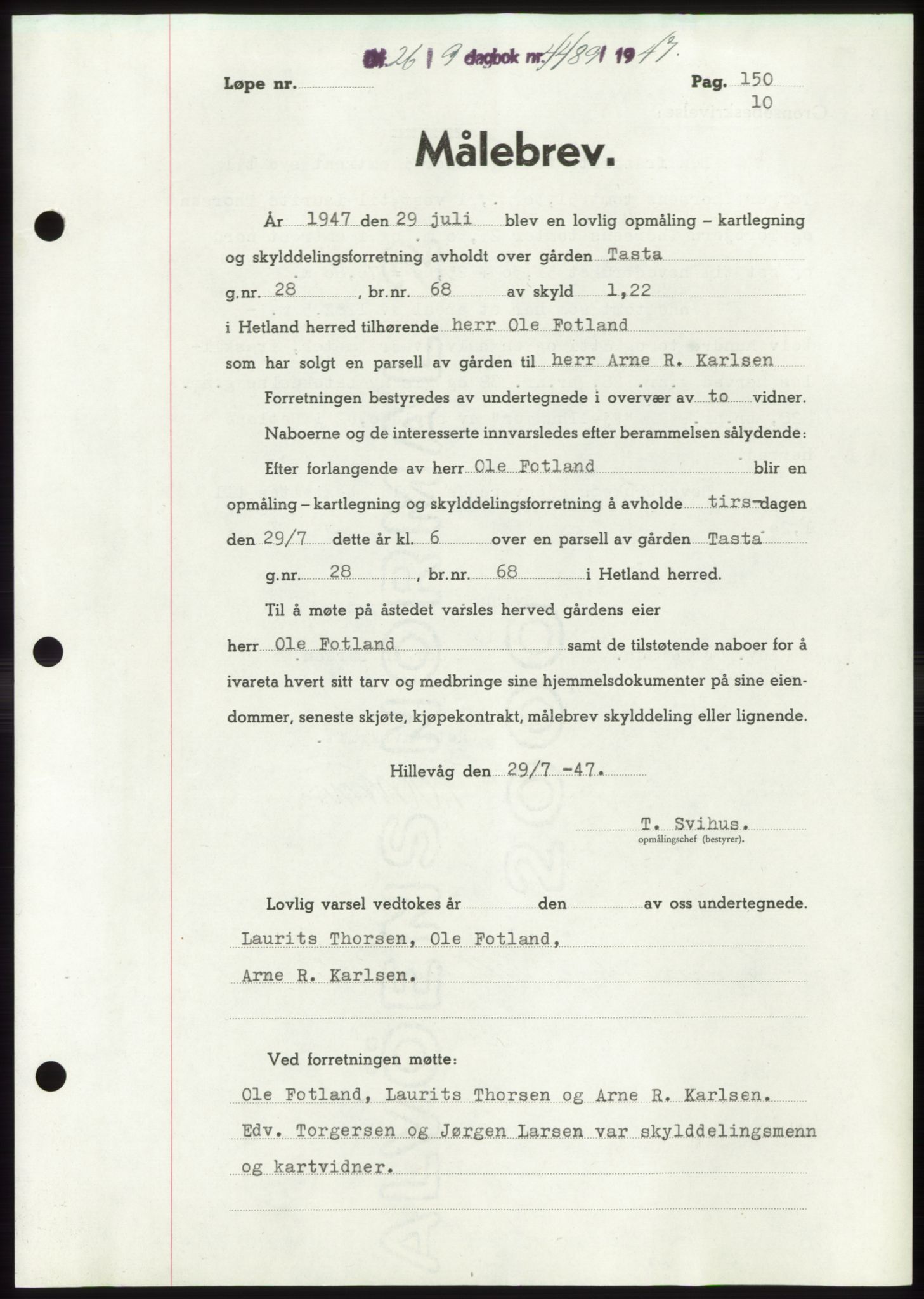 Jæren sorenskriveri, SAST/A-100310/03/G/Gba/L0096: Pantebok, 1947-1947, Dagboknr: 4489/1947