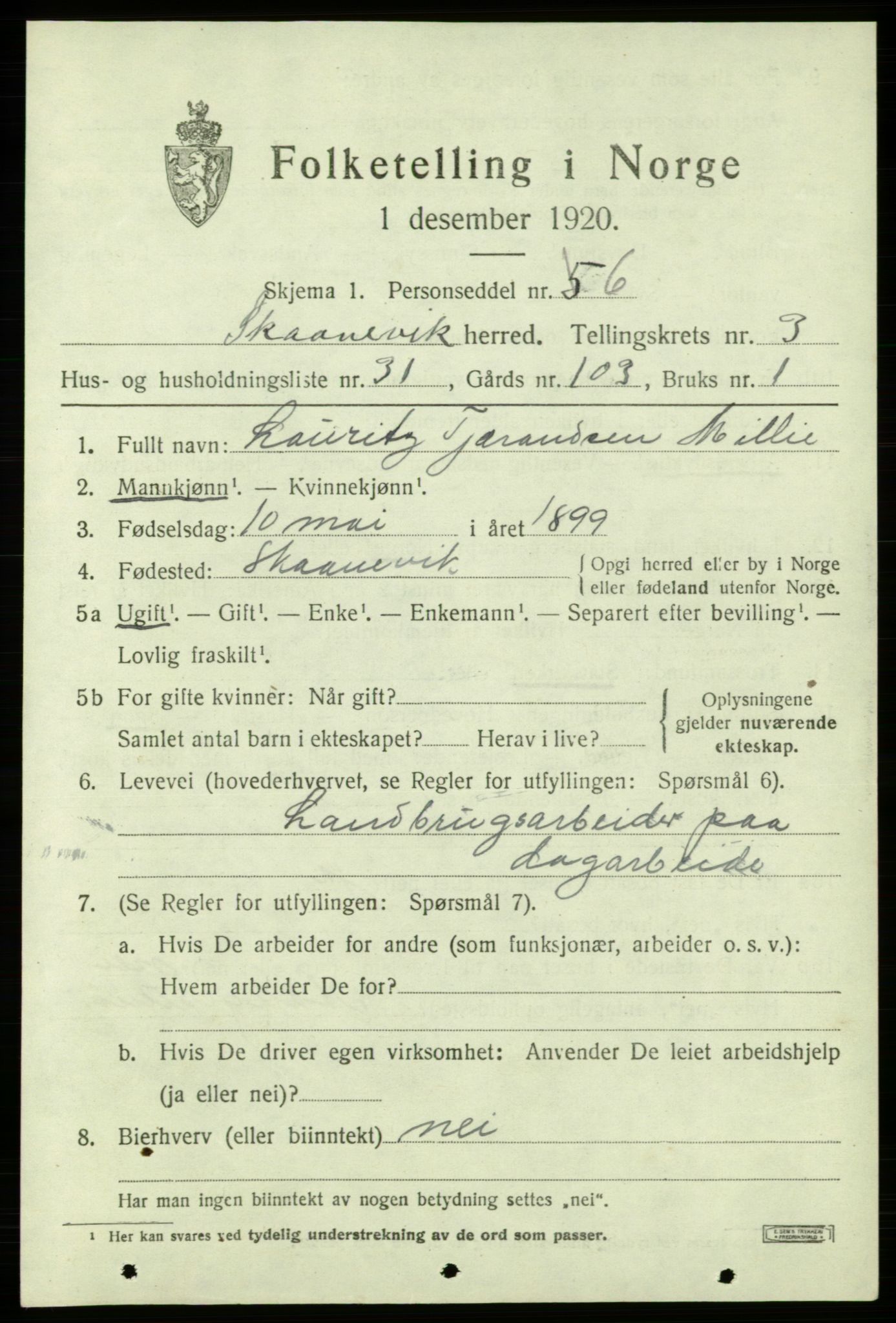 SAB, Folketelling 1920 for 1212 Skånevik herred, 1920, s. 3155