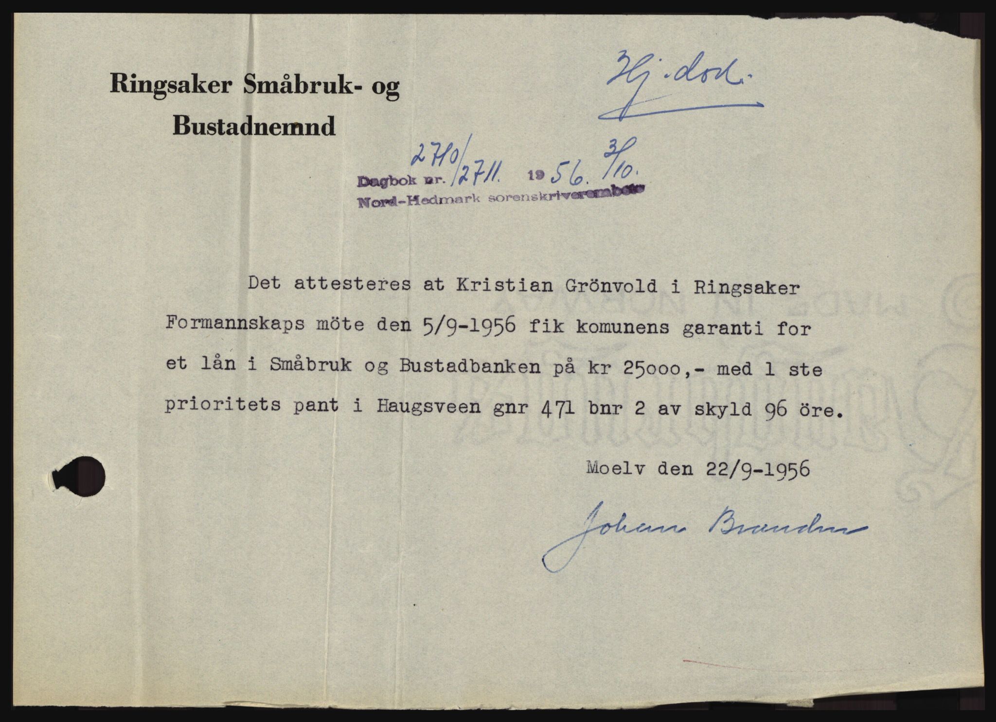 Nord-Hedmark sorenskriveri, SAH/TING-012/H/Hc/L0011: Pantebok nr. 11, 1956-1957, Dagboknr: 2710/1956