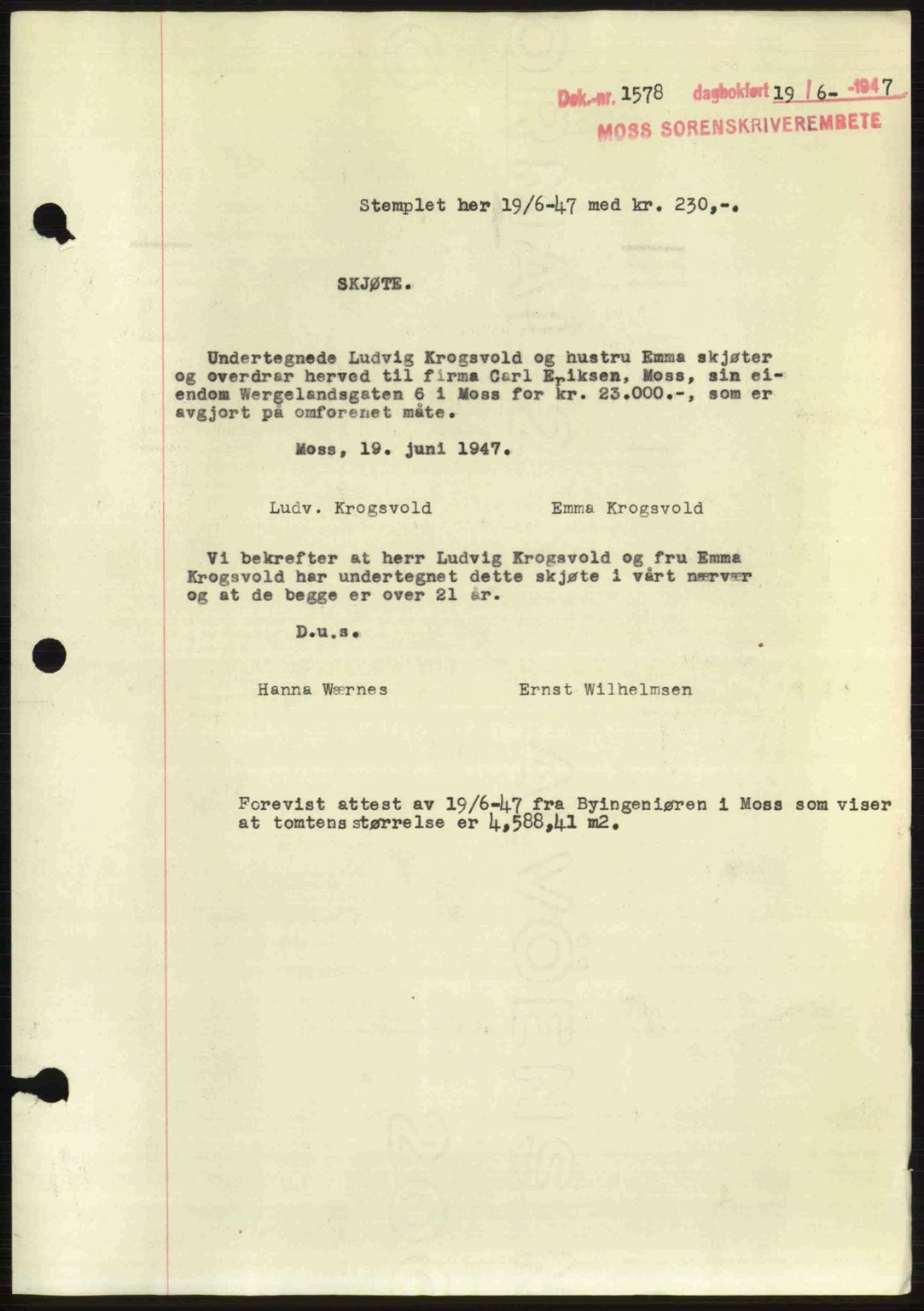 Moss sorenskriveri, SAO/A-10168: Pantebok nr. A17, 1947-1947, Dagboknr: 1578/1947