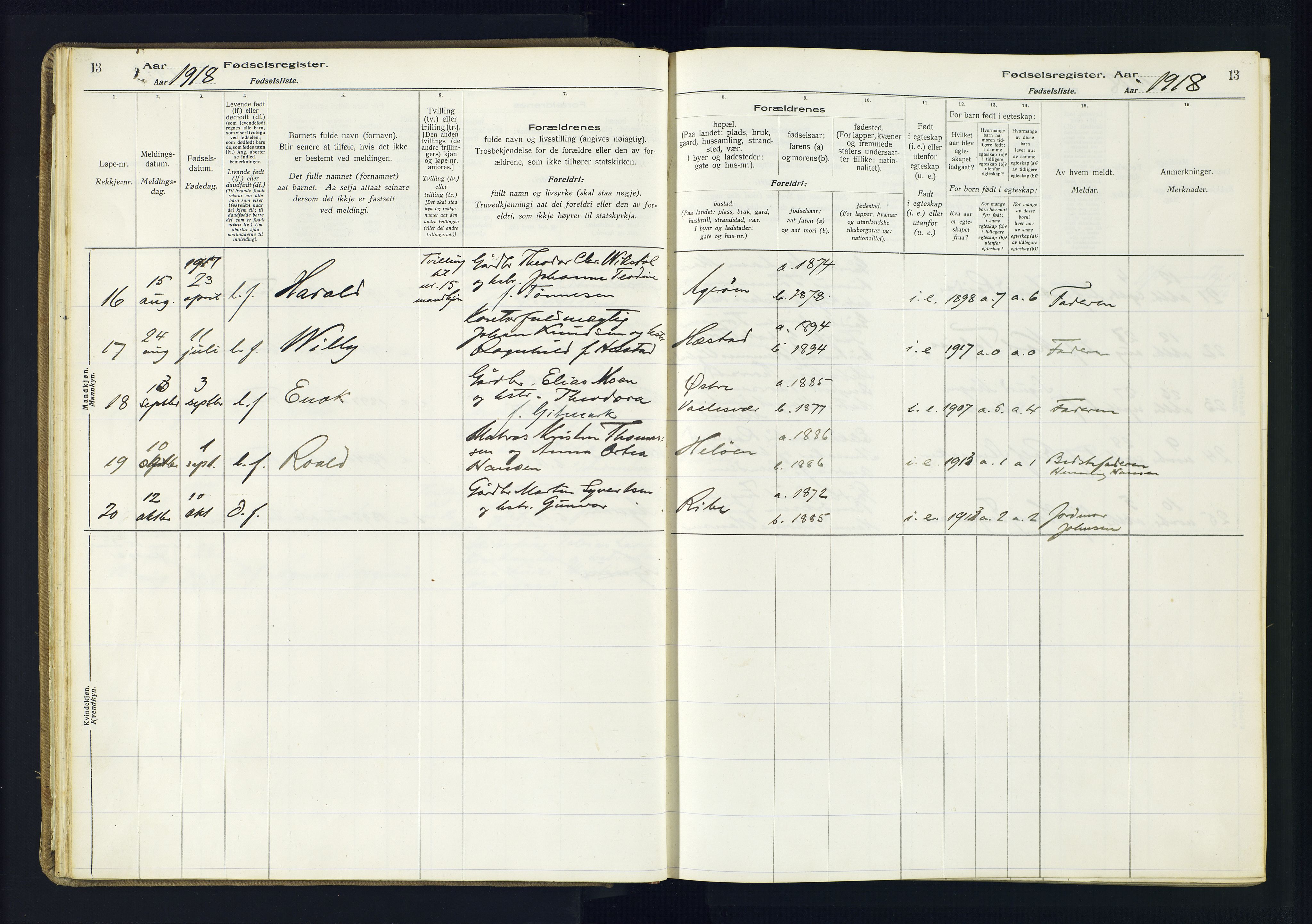 Høvåg sokneprestkontor, AV/SAK-1111-0025/J/Ja/L0001: Fødselsregister nr. II.4.2, 1916-1982, s. 13