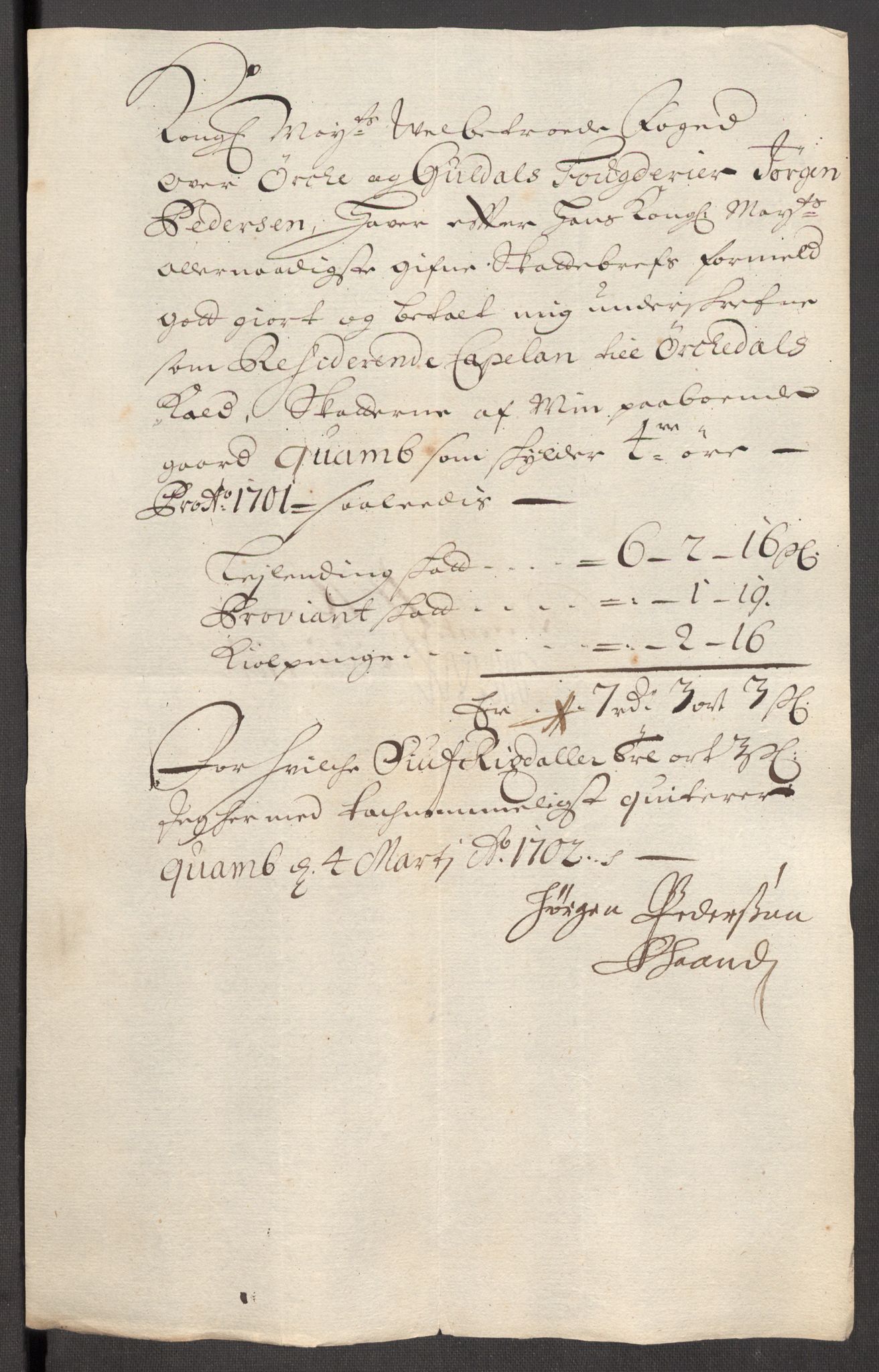 Rentekammeret inntil 1814, Reviderte regnskaper, Fogderegnskap, RA/EA-4092/R60/L3951: Fogderegnskap Orkdal og Gauldal, 1701, s. 160