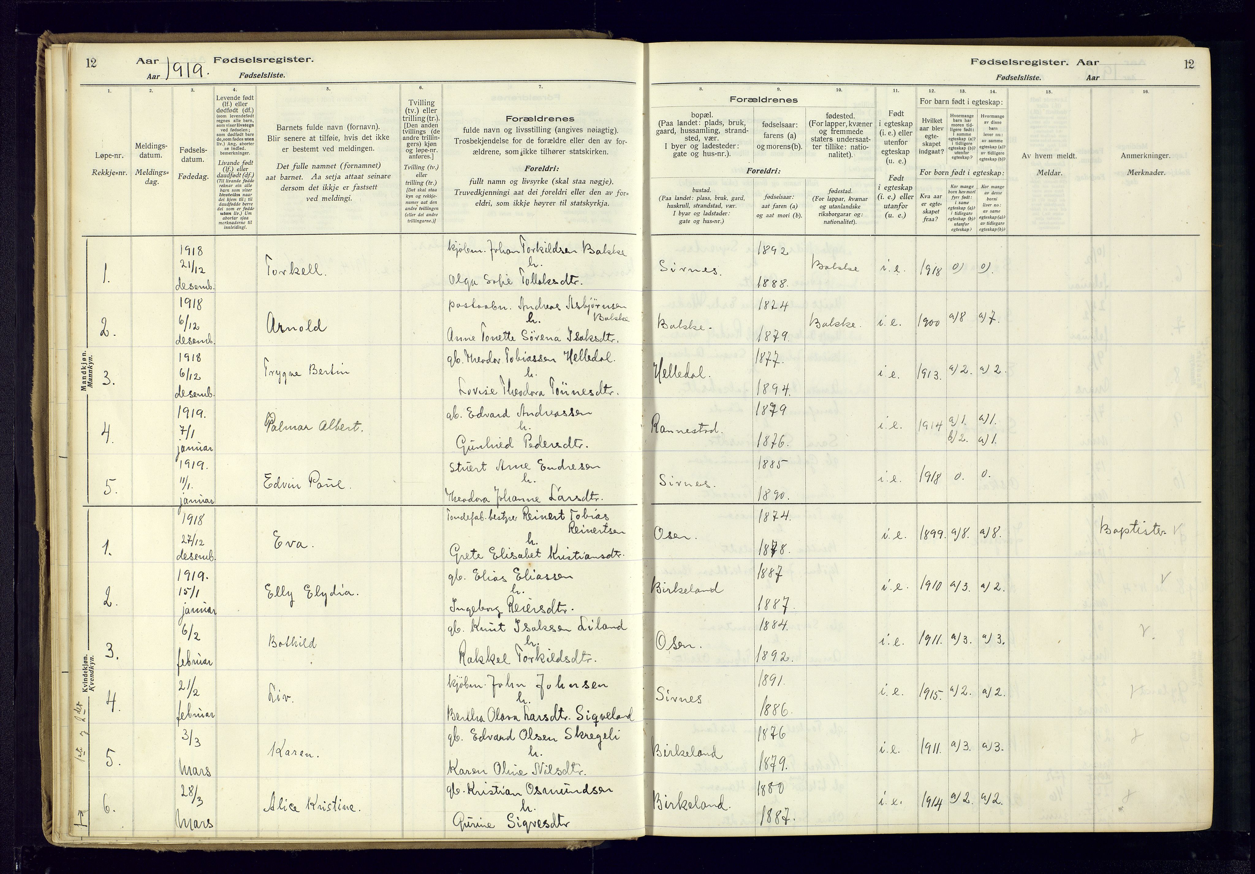 Bakke sokneprestkontor, SAK/1111-0002/J/Ja/L0001: Fødselsregister nr. A-VI-18, 1916-1982, s. 12