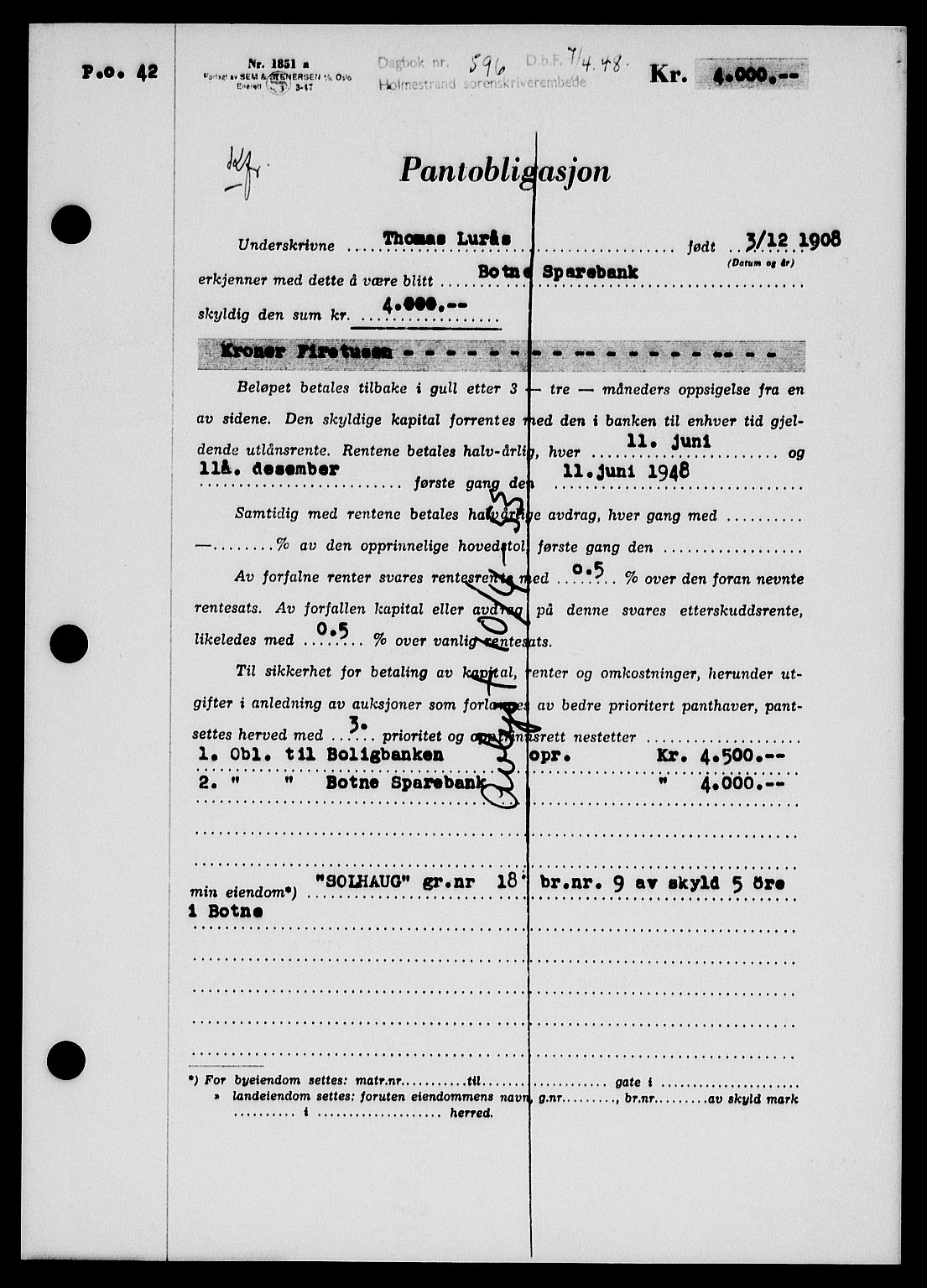 Holmestrand sorenskriveri, SAKO/A-67/G/Ga/Gab/L0058: Pantebok nr. B-58, 1947-1948, Dagboknr: 596/1948