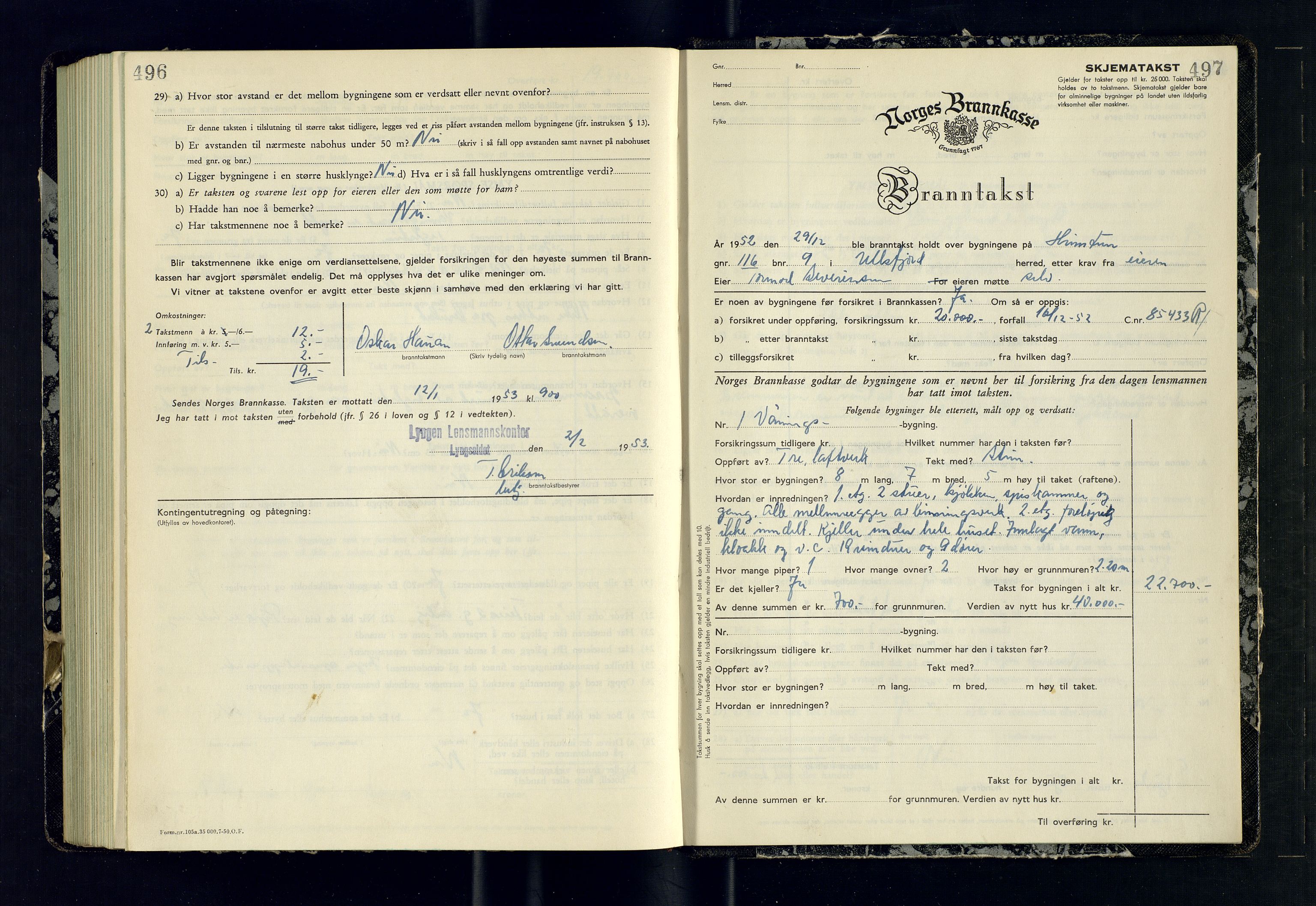 Lyngen lensmannskontor, AV/SATØ-SATO-99/F/Fm/Fmb/L0140: Branntakstprotokoller, 1951-1953, s. 496-497