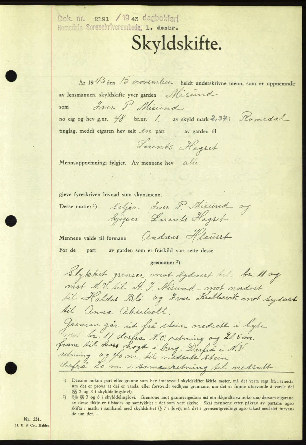 Romsdal sorenskriveri, AV/SAT-A-4149/1/2/2C: Pantebok nr. A15, 1943-1944, Dagboknr: 2191/1943