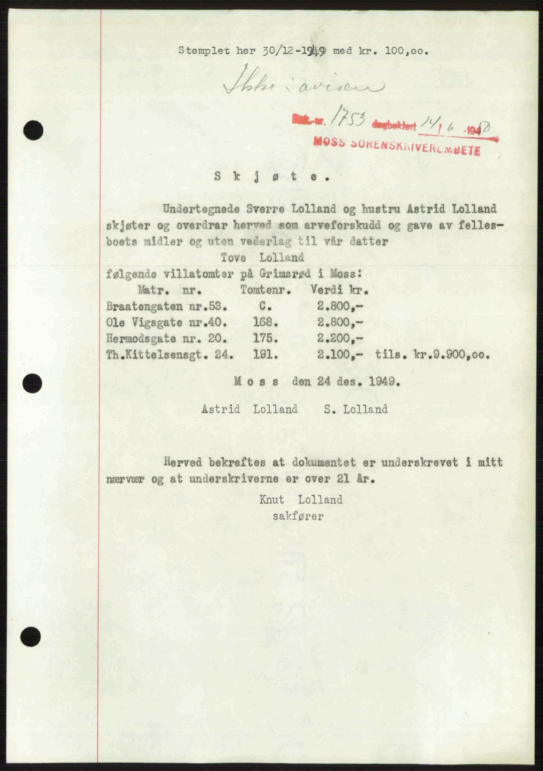 Moss sorenskriveri, SAO/A-10168: Pantebok nr. A26, 1950-1950, Dagboknr: 1753/1950