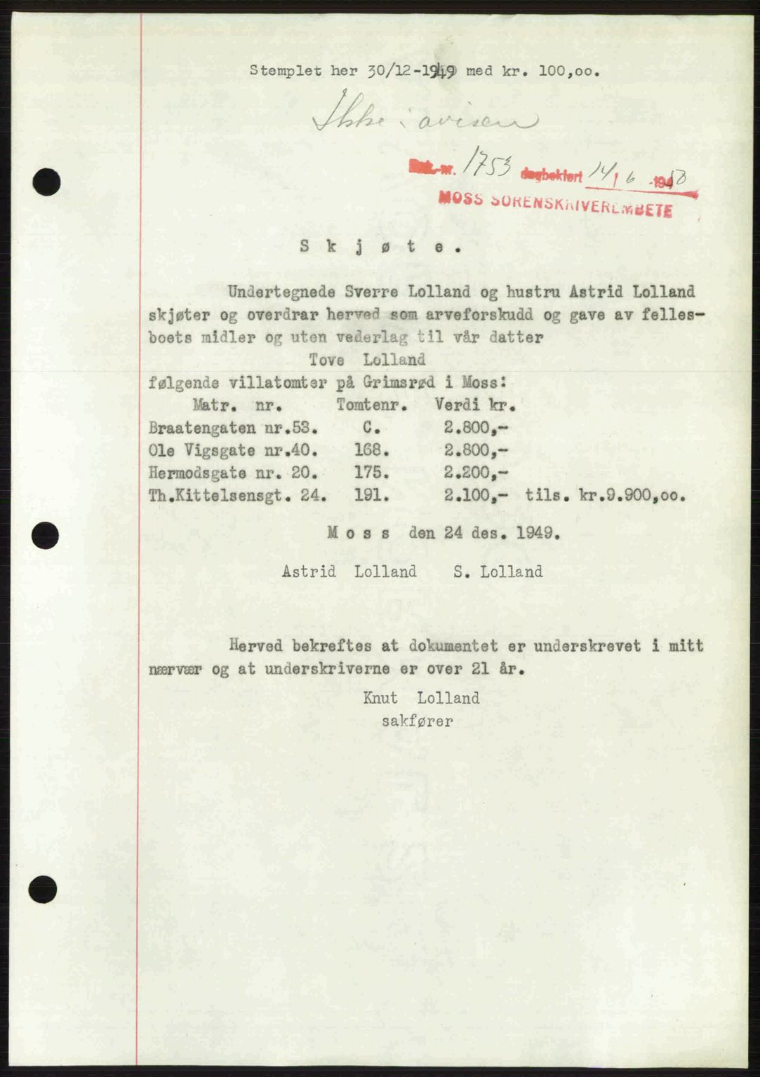 Moss sorenskriveri, AV/SAO-A-10168: Pantebok nr. A26, 1950-1950, Dagboknr: 1753/1950