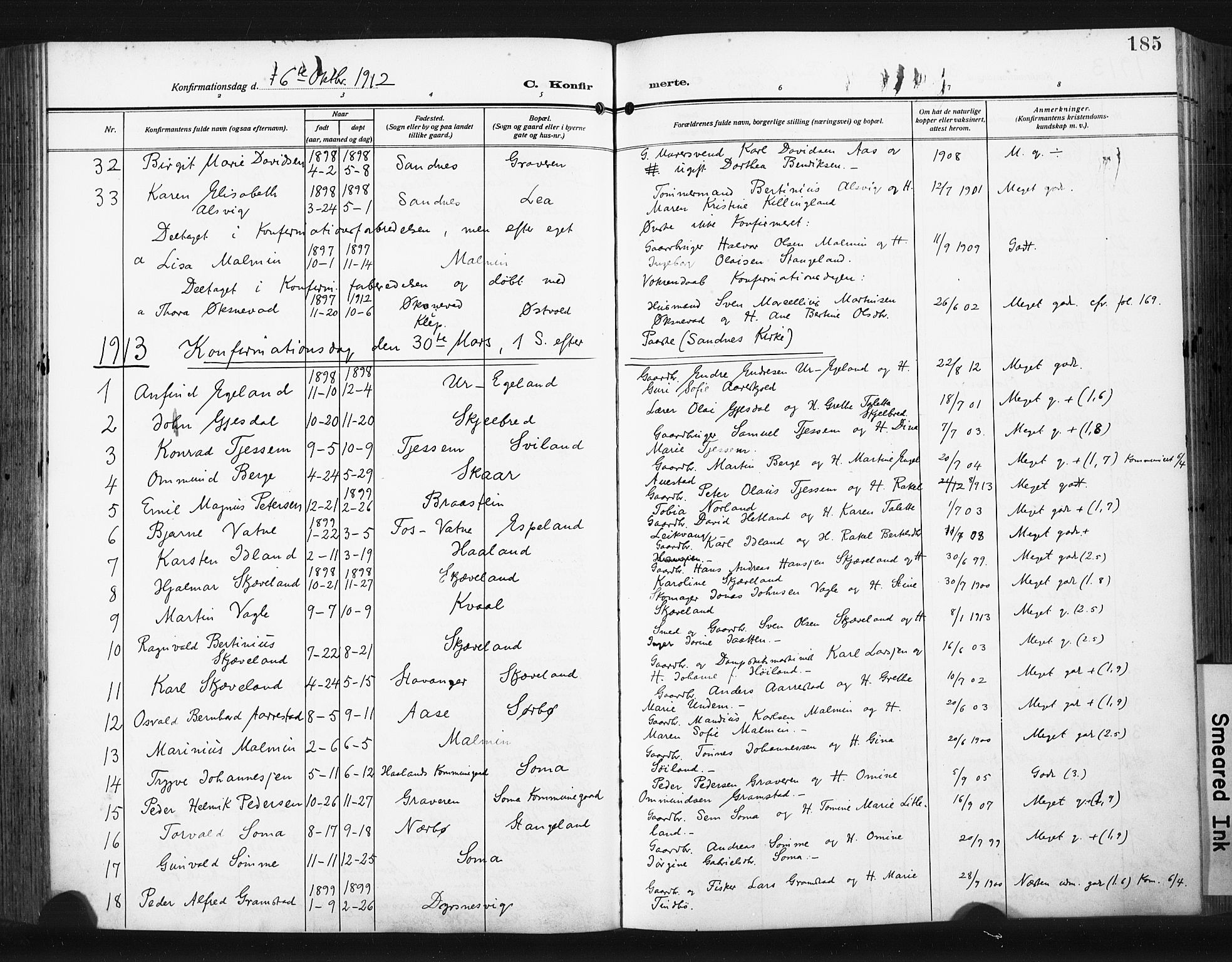 Høyland sokneprestkontor, AV/SAST-A-101799/001/30BA/L0017: Ministerialbok nr. A 15, 1912-1924, s. 185