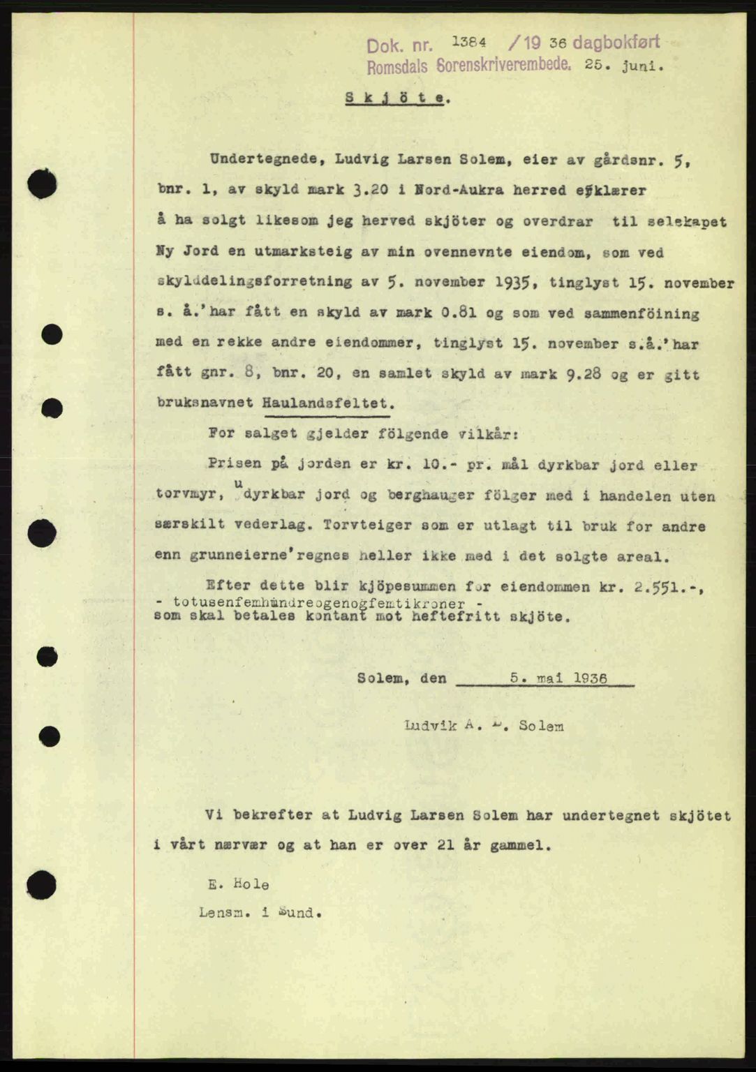 Romsdal sorenskriveri, SAT/A-4149/1/2/2C: Pantebok nr. A1, 1936-1936, Dagboknr: 1384/1936