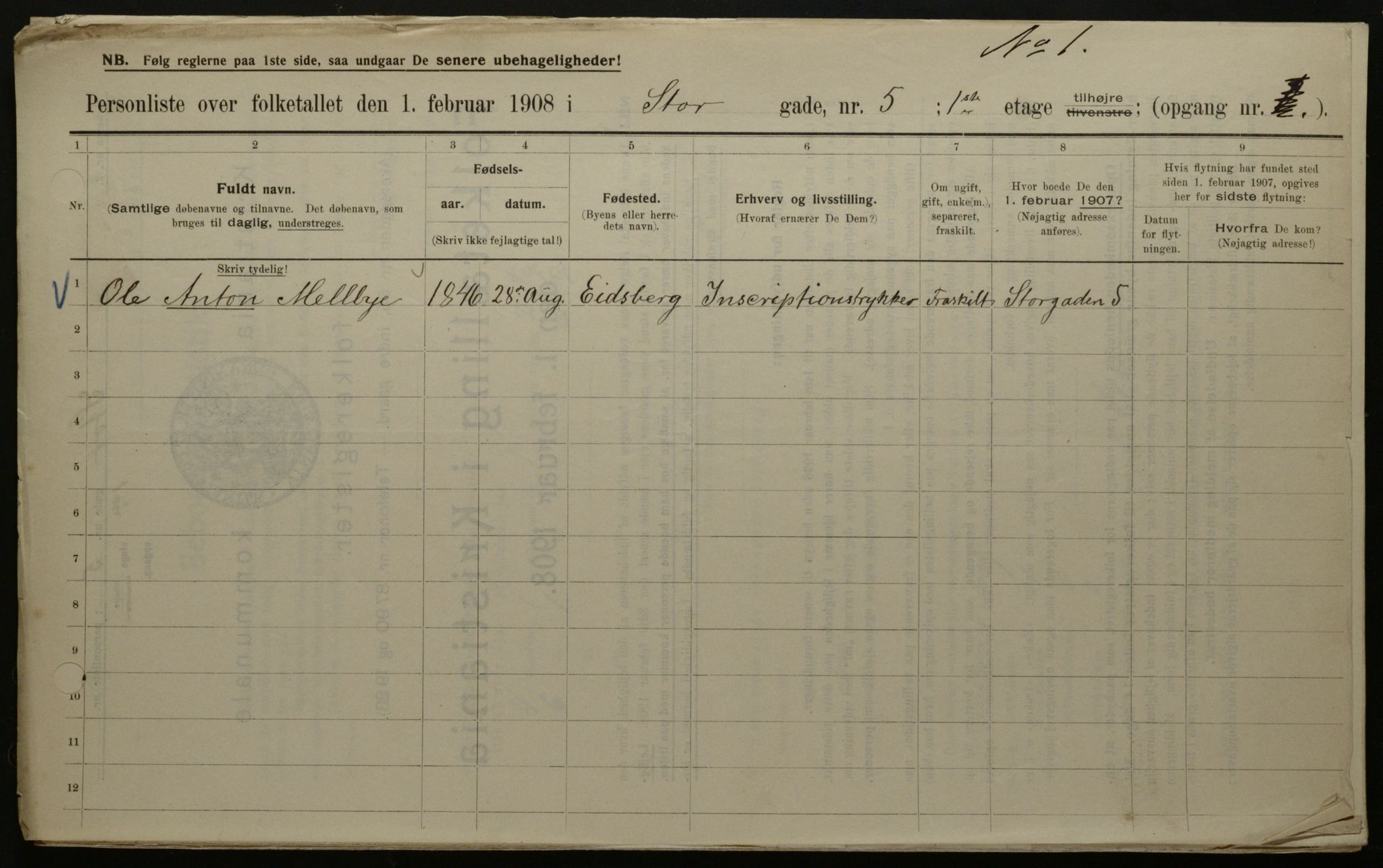 OBA, Kommunal folketelling 1.2.1908 for Kristiania kjøpstad, 1908, s. 92483