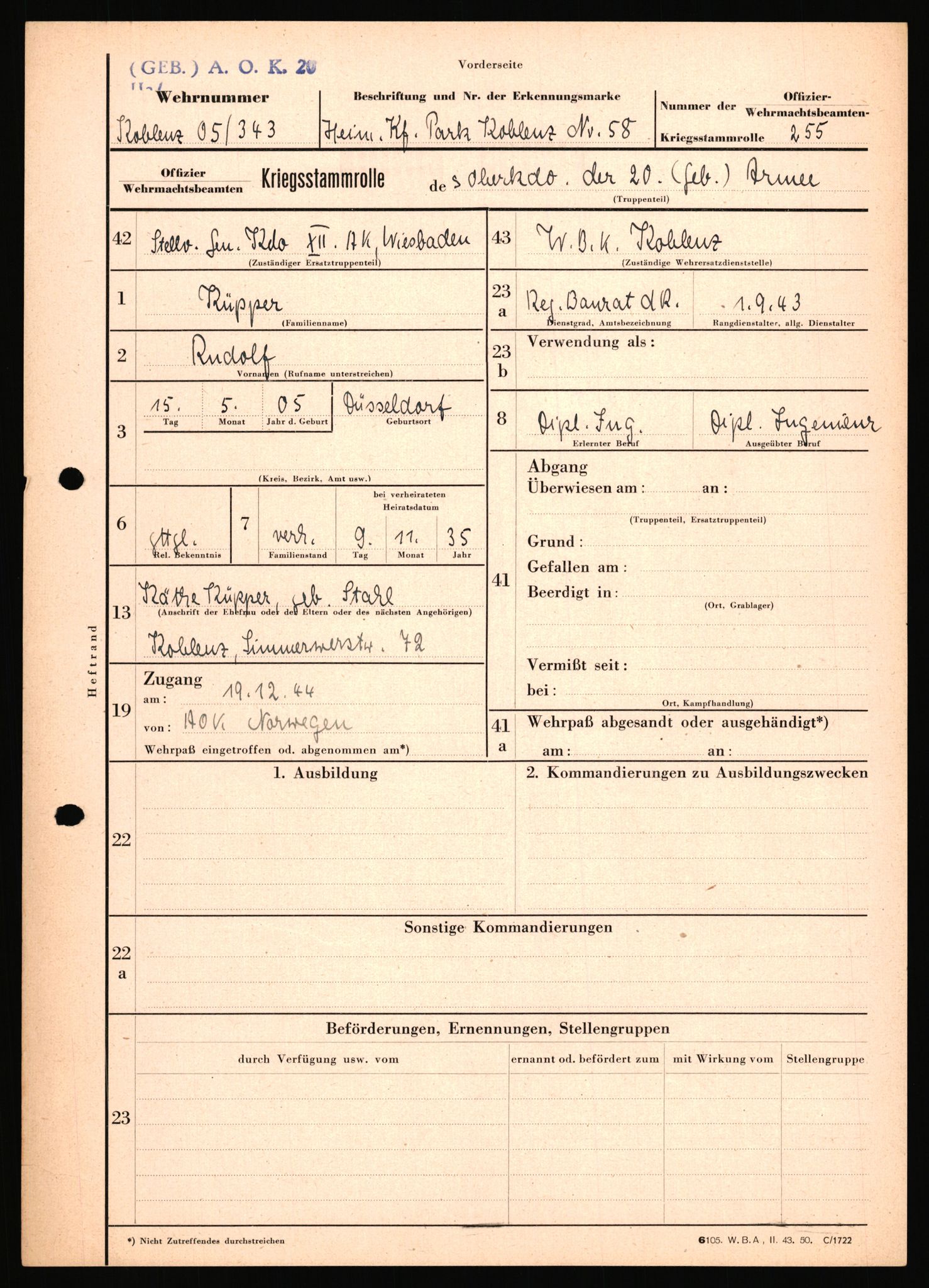 Forsvarets Overkommando. 2 kontor. Arkiv 11.4. Spredte tyske arkivsaker, AV/RA-RAFA-7031/D/Dar/Dara/L0018: Personalbøker, 1940-1945, s. 849