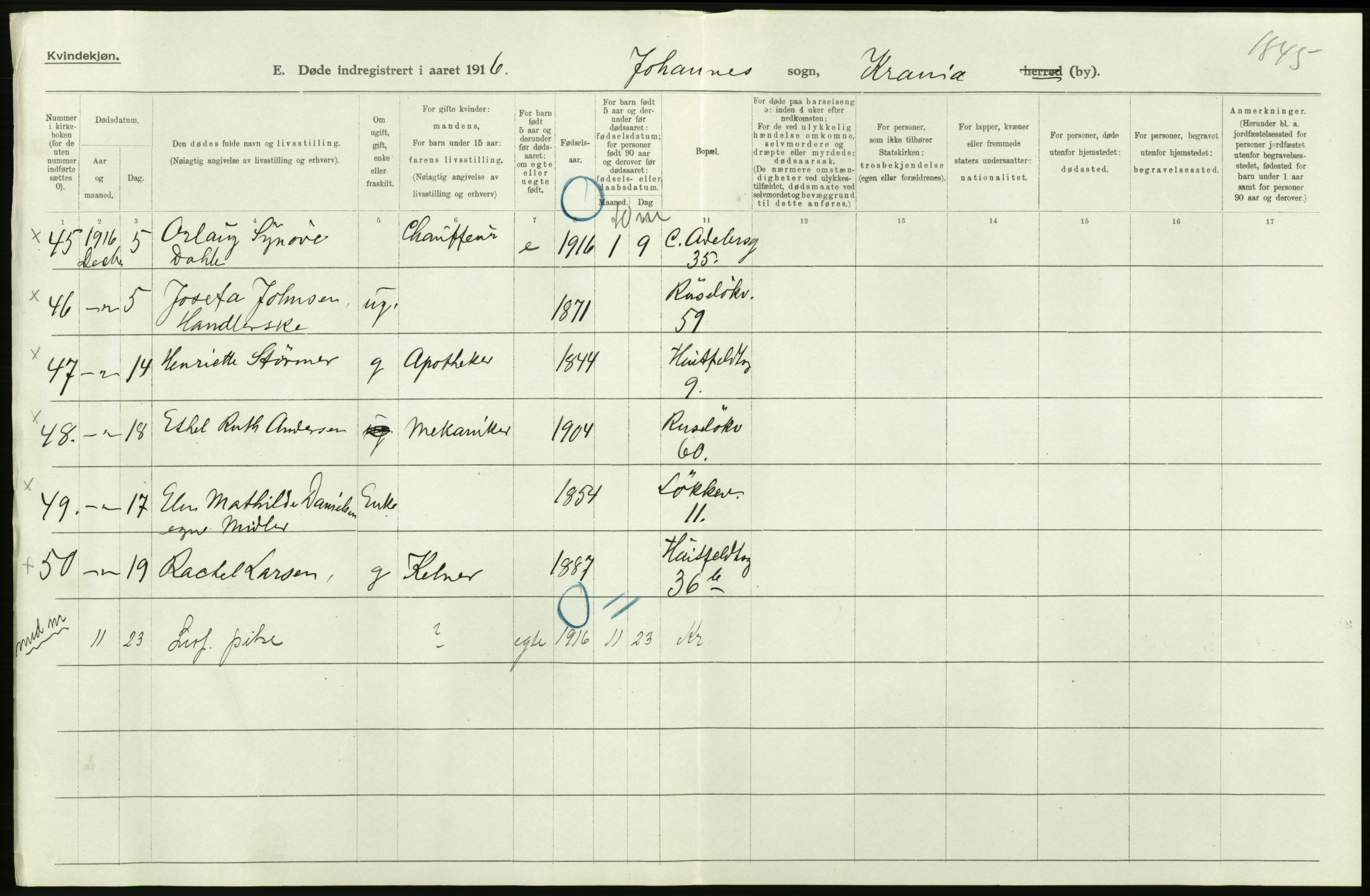 Statistisk sentralbyrå, Sosiodemografiske emner, Befolkning, AV/RA-S-2228/D/Df/Dfb/Dfbf/L0010: Kristiania: Døde, dødfødte., 1916, s. 458