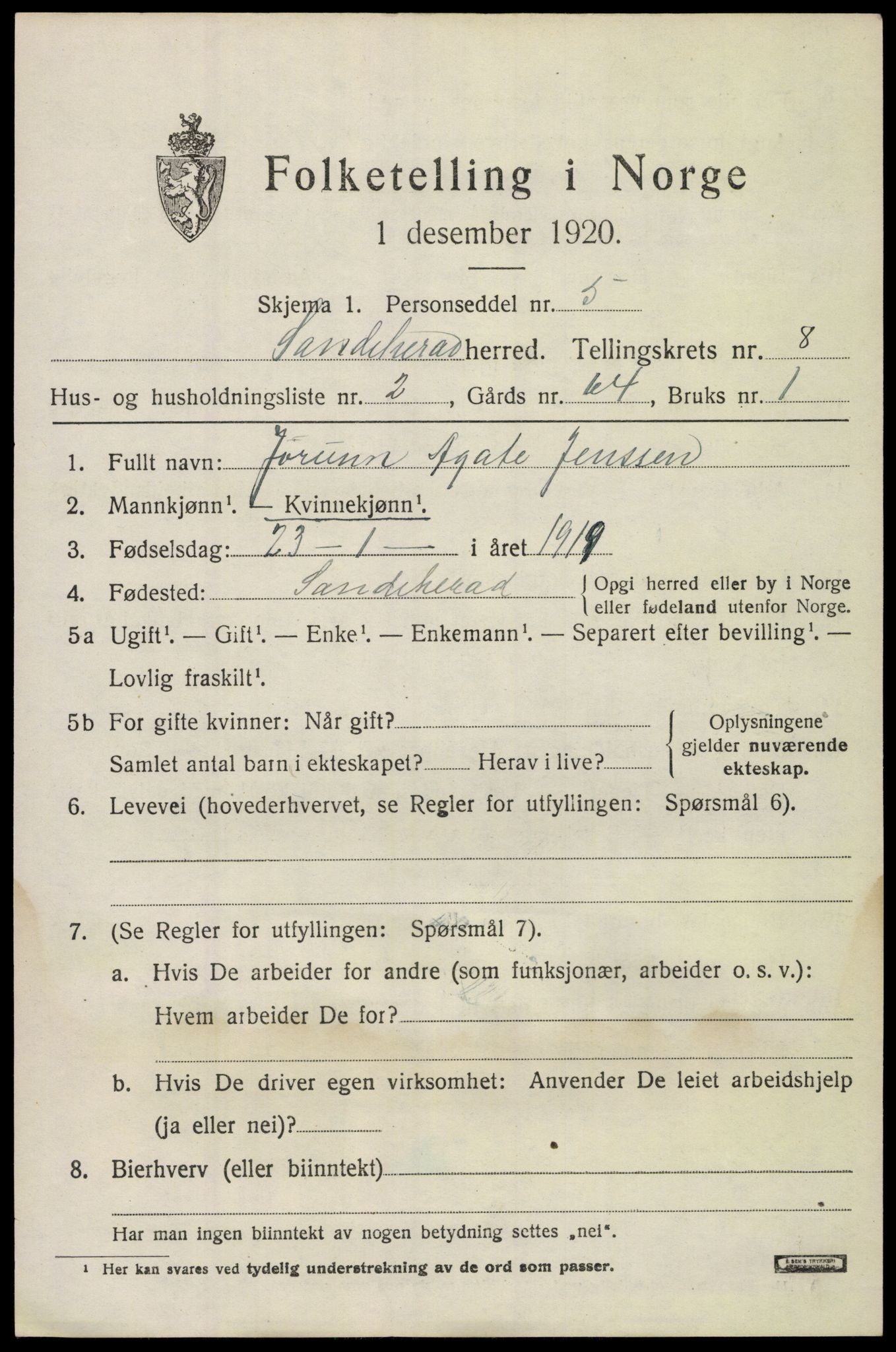 SAKO, Folketelling 1920 for 0724 Sandeherred herred, 1920, s. 12726