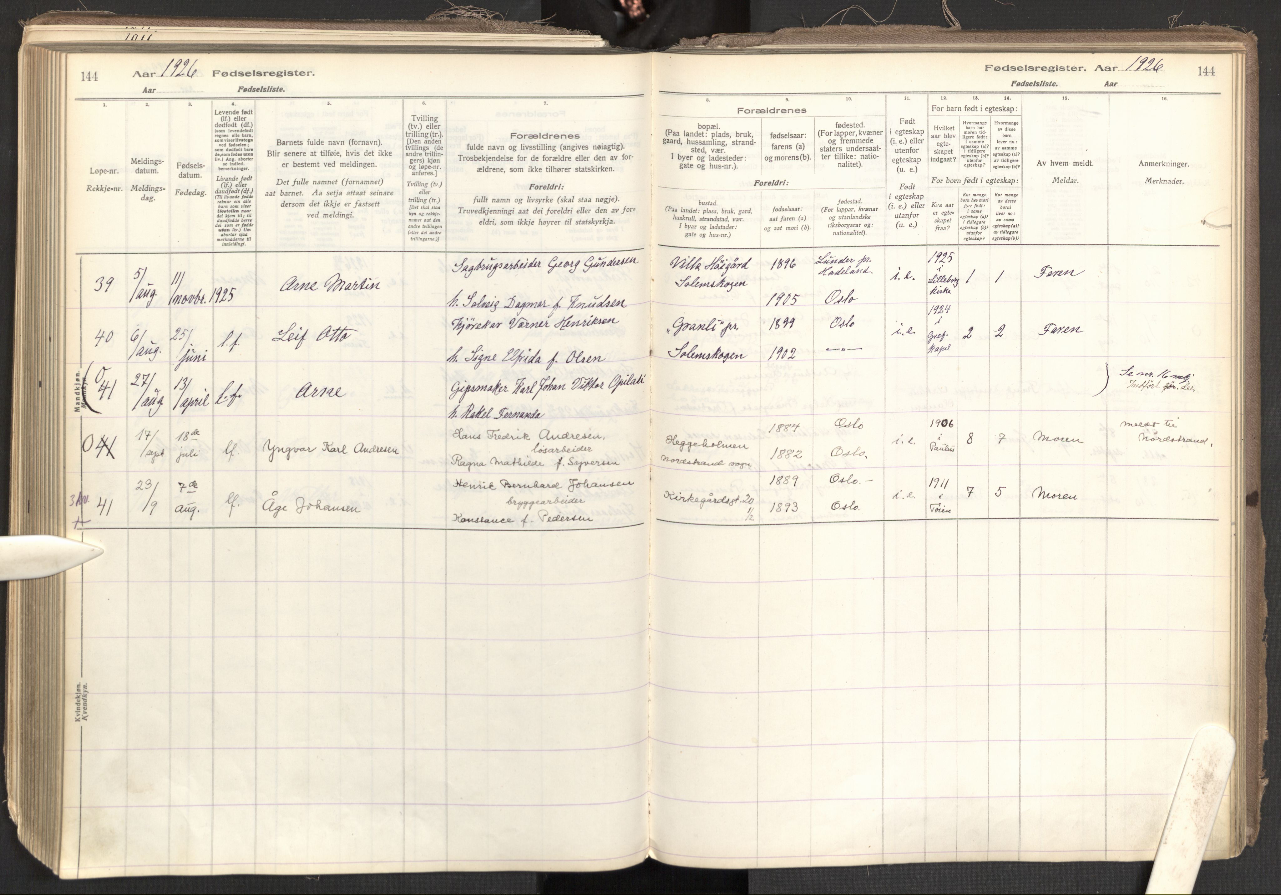 Tøyen prestekontor Kirkebøker, AV/SAO-A-10167a/J/Ja/L0001: Fødselsregister nr. 1, 1916-1944, s. 144