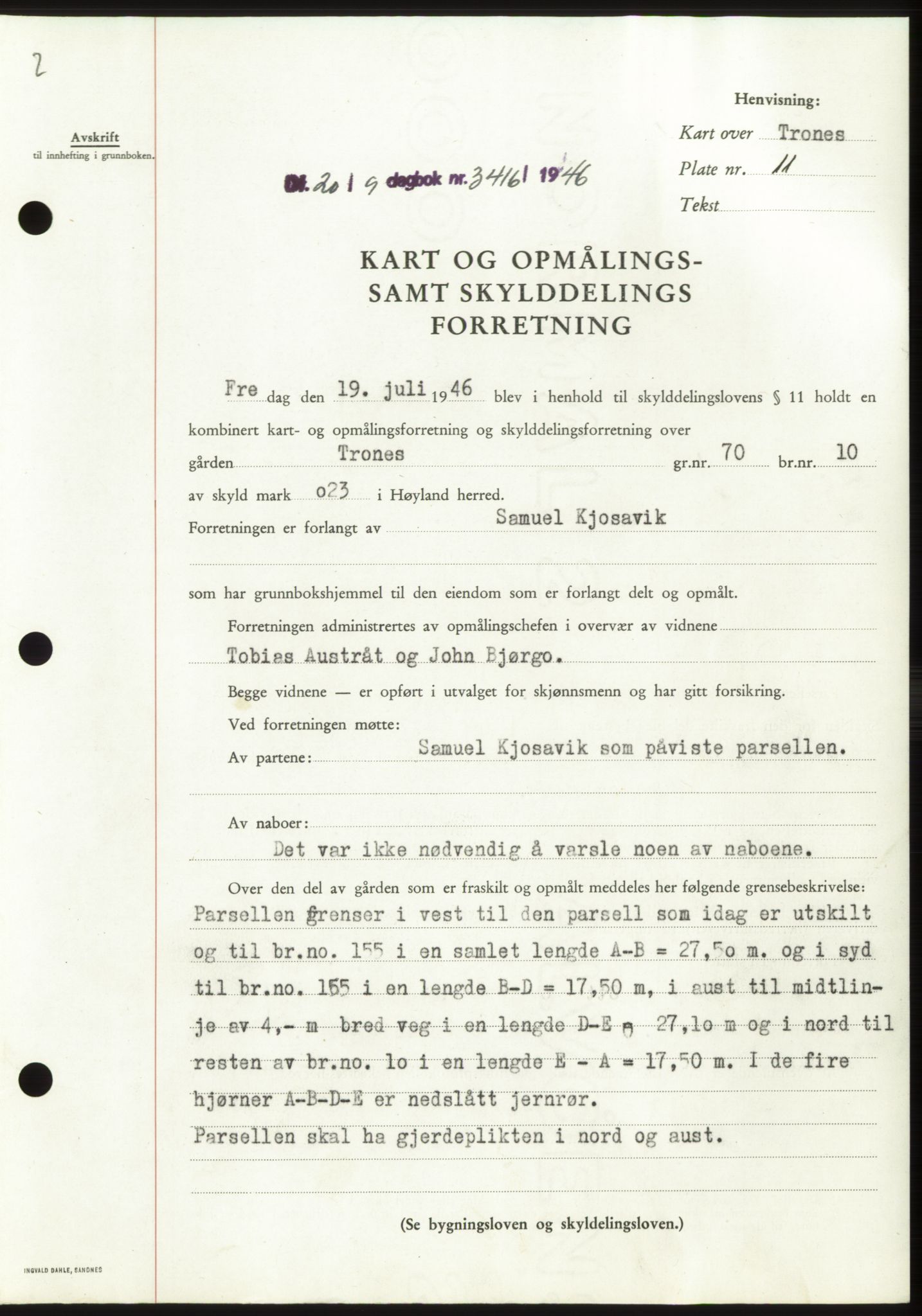 Jæren sorenskriveri, SAST/A-100310/03/G/Gba/L0091: Pantebok, 1946-1946, Dagboknr: 3416/1946