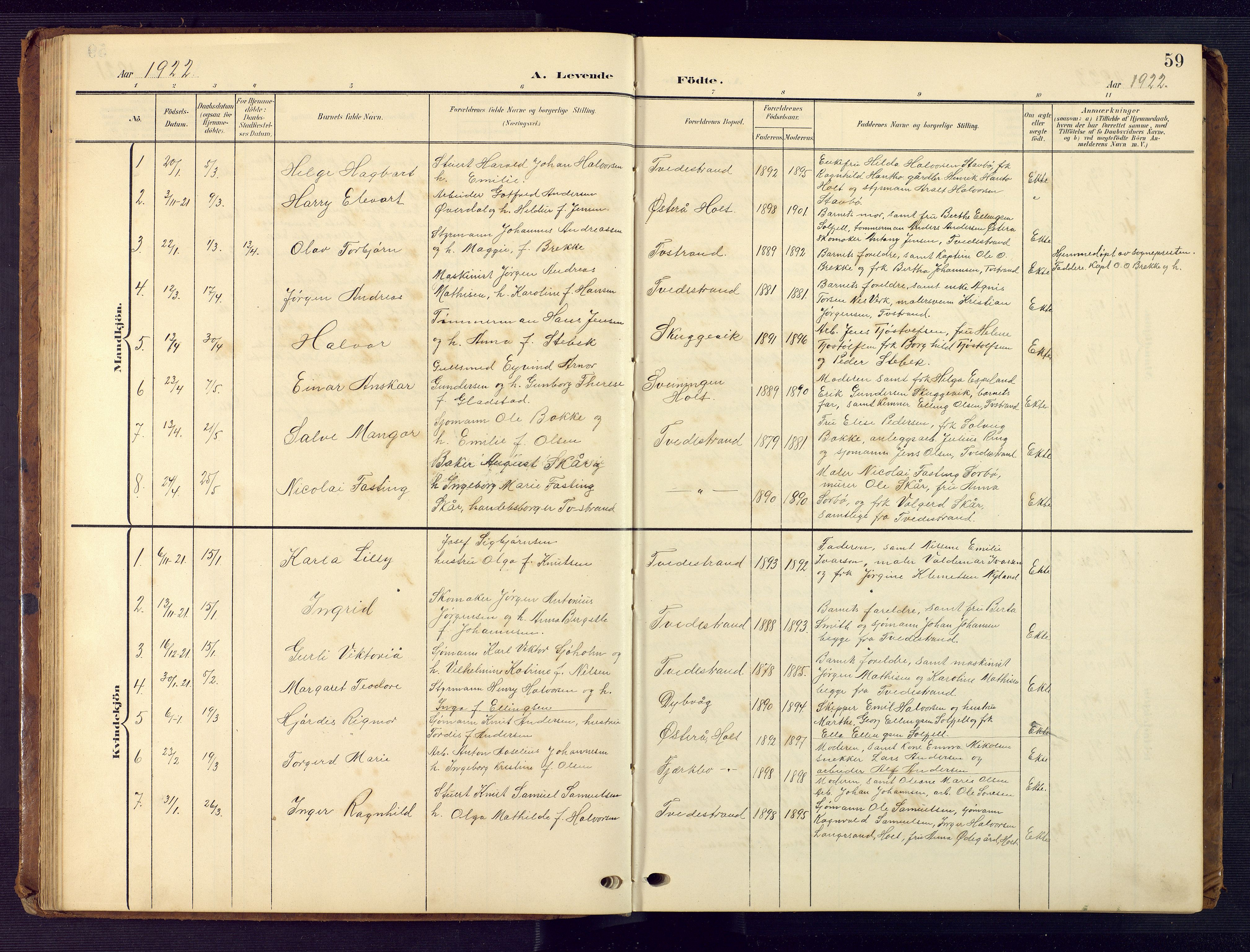 Tvedestrand sokneprestkontor, AV/SAK-1111-0042/F/Fb/L0001: Klokkerbok nr. B 1, 1902-1956, s. 59