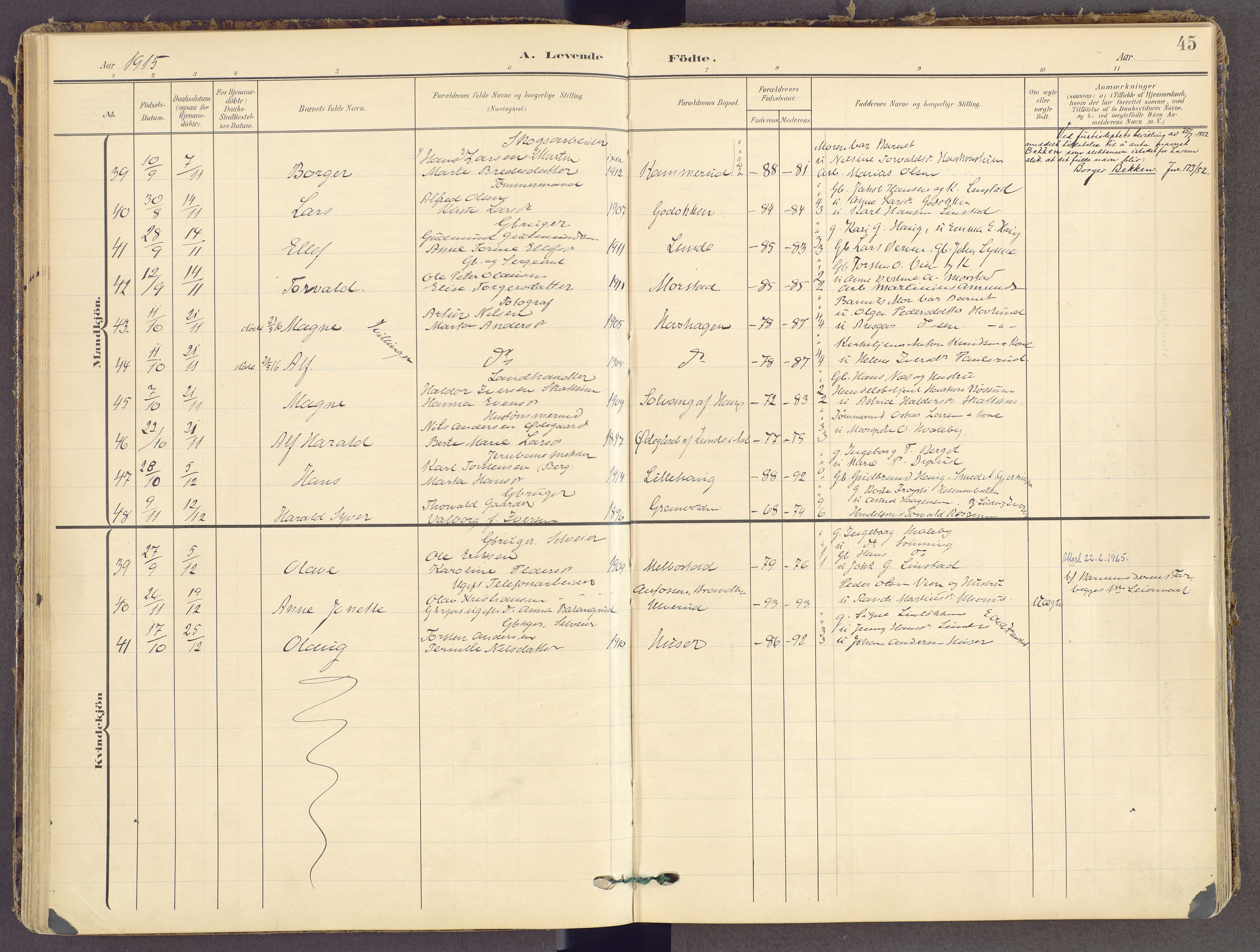 Gran prestekontor, AV/SAH-PREST-112/H/Ha/Haa/L0021: Ministerialbok nr. 21, 1908-1932, s. 45