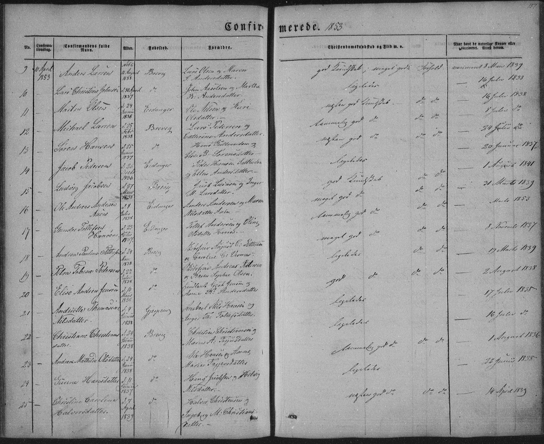Brevik kirkebøker, AV/SAKO-A-255/F/Fa/L0005: Ministerialbok nr. 5, 1847-1865, s. 157