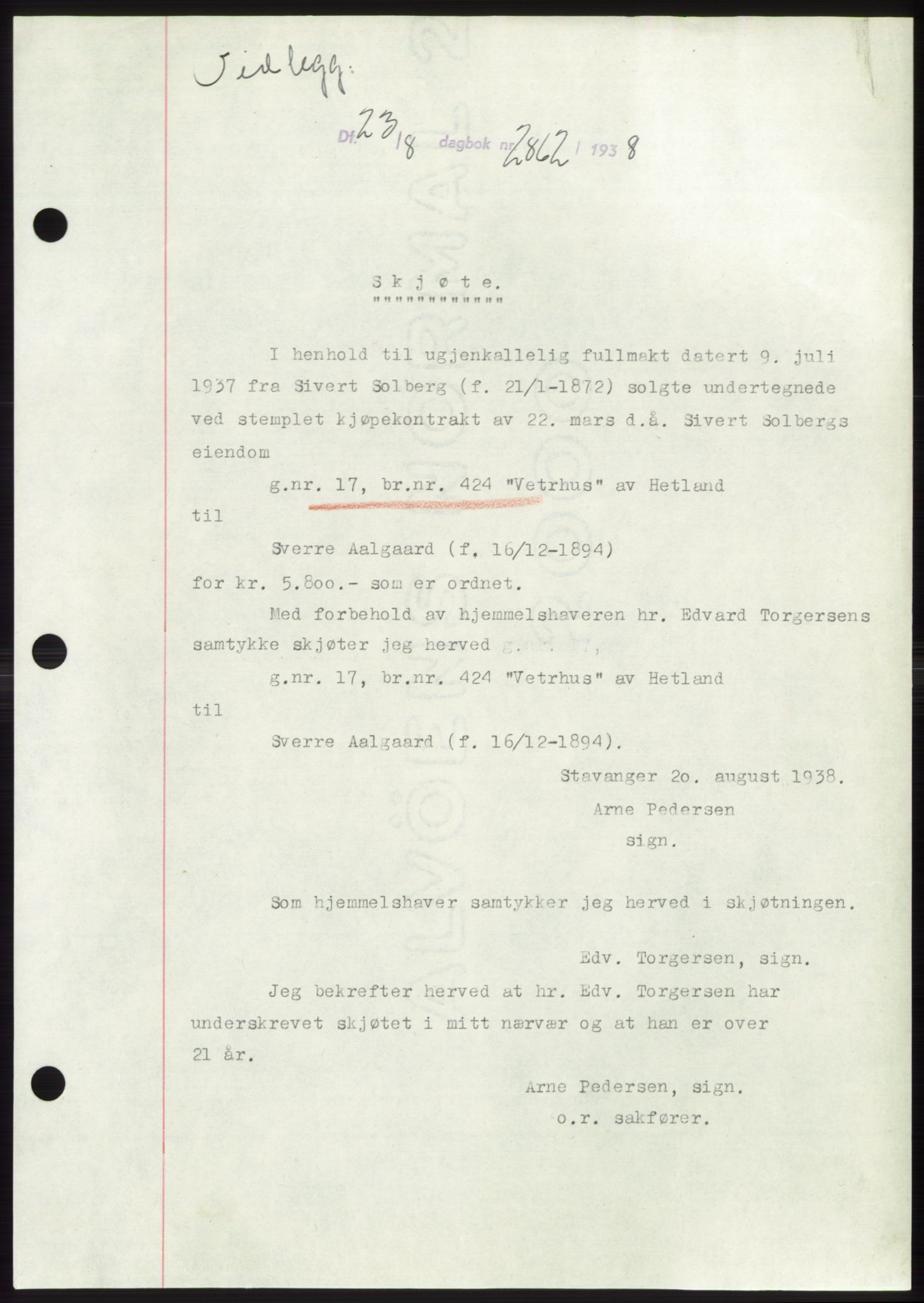 Jæren sorenskriveri, SAST/A-100310/03/G/Gba/L0071: Pantebok, 1938-1938, Dagboknr: 2862/1938