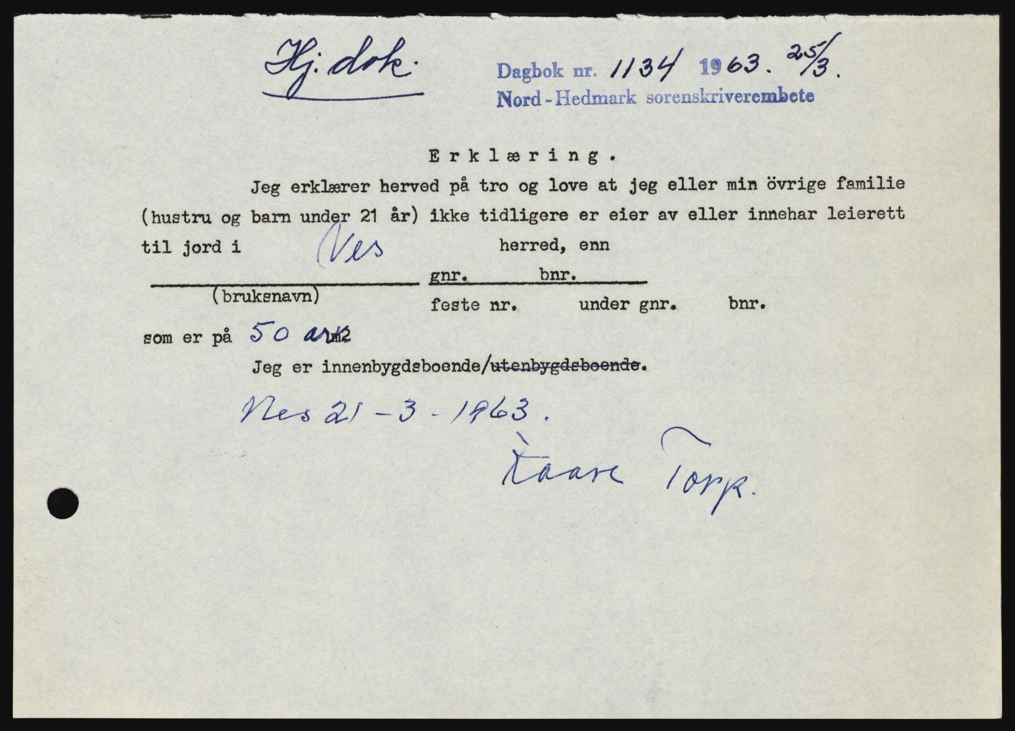 Nord-Hedmark sorenskriveri, SAH/TING-012/H/Hc/L0017: Pantebok nr. 17, 1962-1963, Dagboknr: 1134/1963