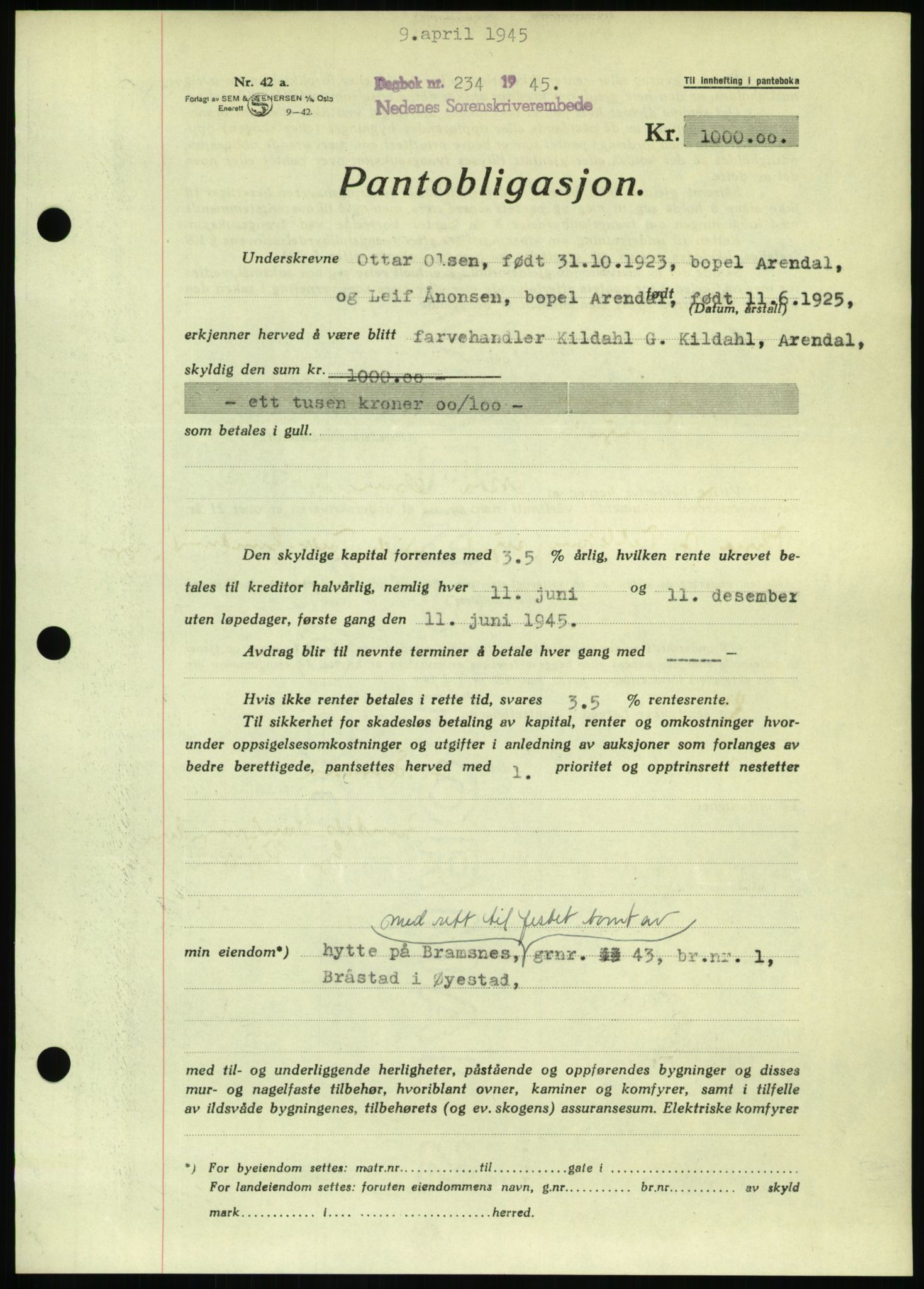 Nedenes sorenskriveri, SAK/1221-0006/G/Gb/Gbb/L0002: Pantebok nr. II, 1942-1945, Dagboknr: 234/1945