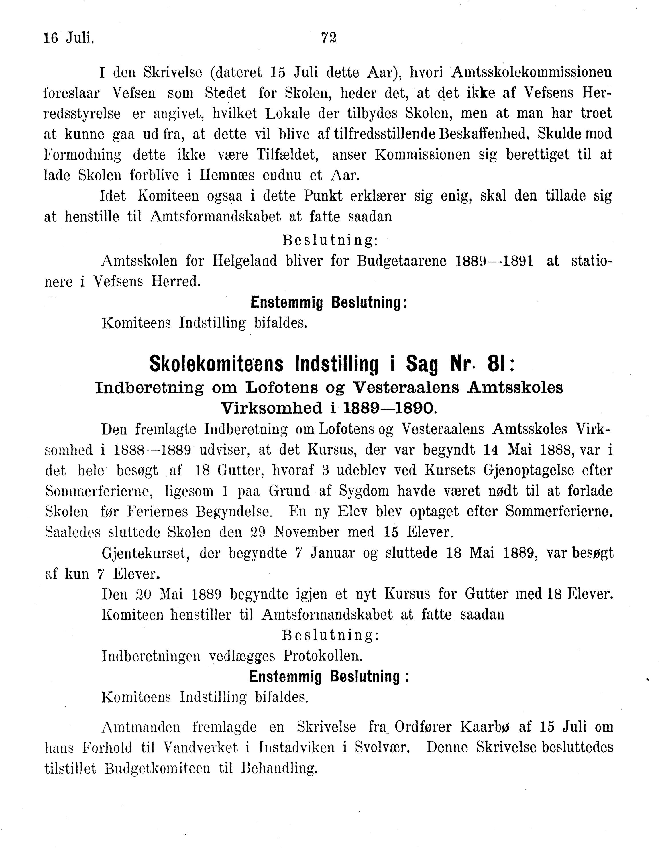 Nordland Fylkeskommune. Fylkestinget, AIN/NFK-17/176/A/Ac/L0015: Fylkestingsforhandlinger 1886-1890, 1886-1890