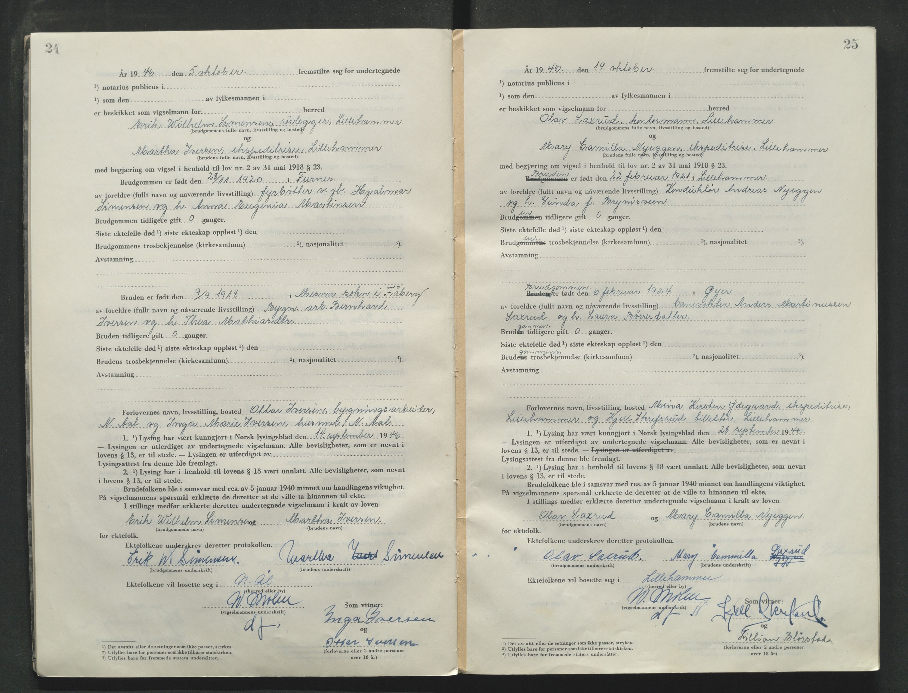 Sør-Gudbrandsdal tingrett, AV/SAH-TING-004/L/Lc/L0006: Vigselsprotokoll, 1946-1954, s. 24-25