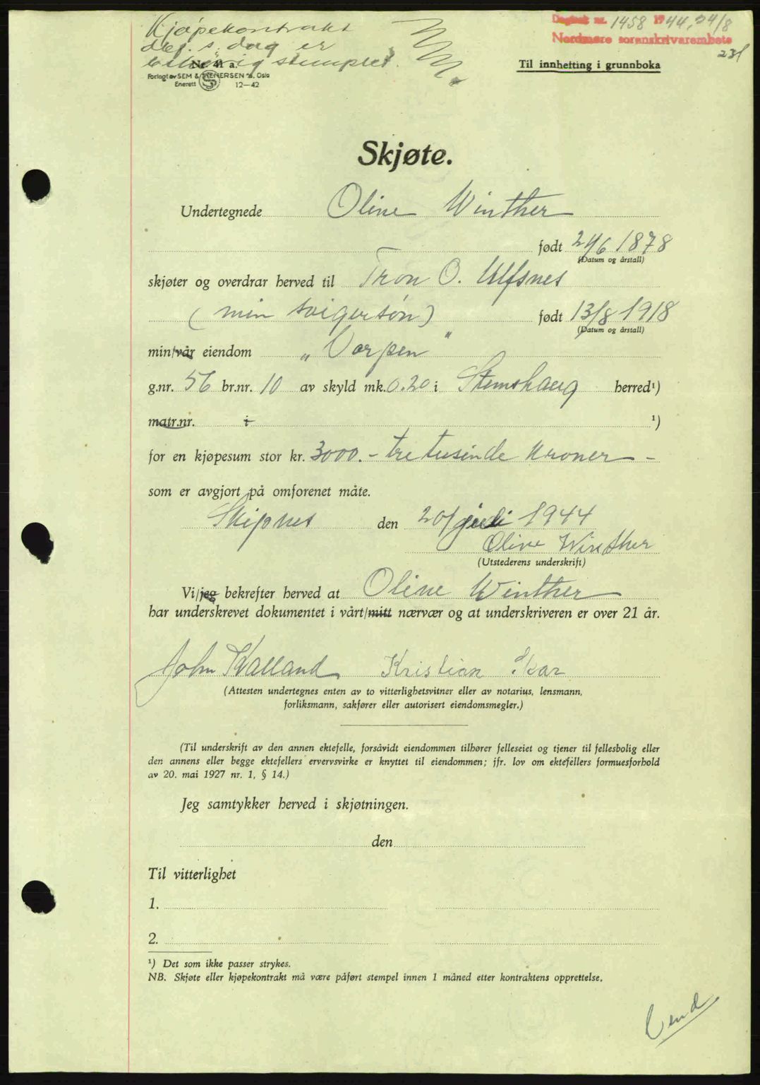 Nordmøre sorenskriveri, AV/SAT-A-4132/1/2/2Ca: Pantebok nr. A98, 1944-1944, Dagboknr: 1458/1944