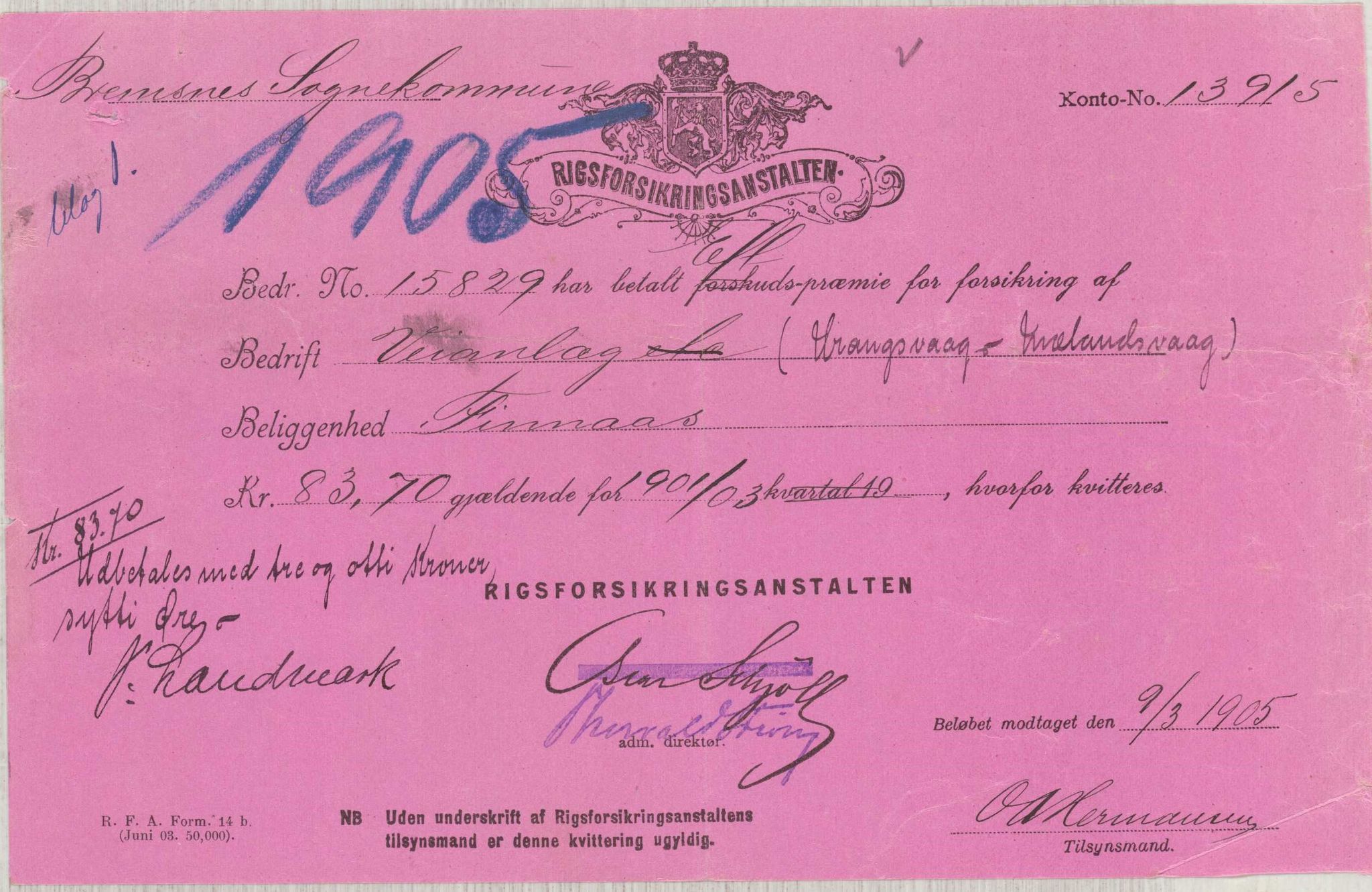 Finnaas kommune. Formannskapet, IKAH/1218a-021/E/Ea/L0002/0003: Rekneskap for veganlegg / Rekneskap for veganlegget Urangsvåg - Mælandsvåg, 1904-1905, s. 67
