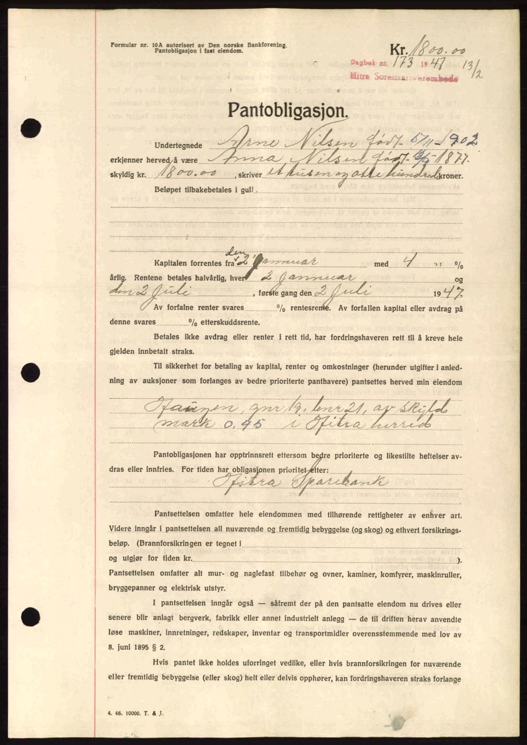 Hitra sorenskriveri, AV/SAT-A-0018/2/2C/2Ca: Pantebok nr. B1, 1939-1949, Dagboknr: 173/1947