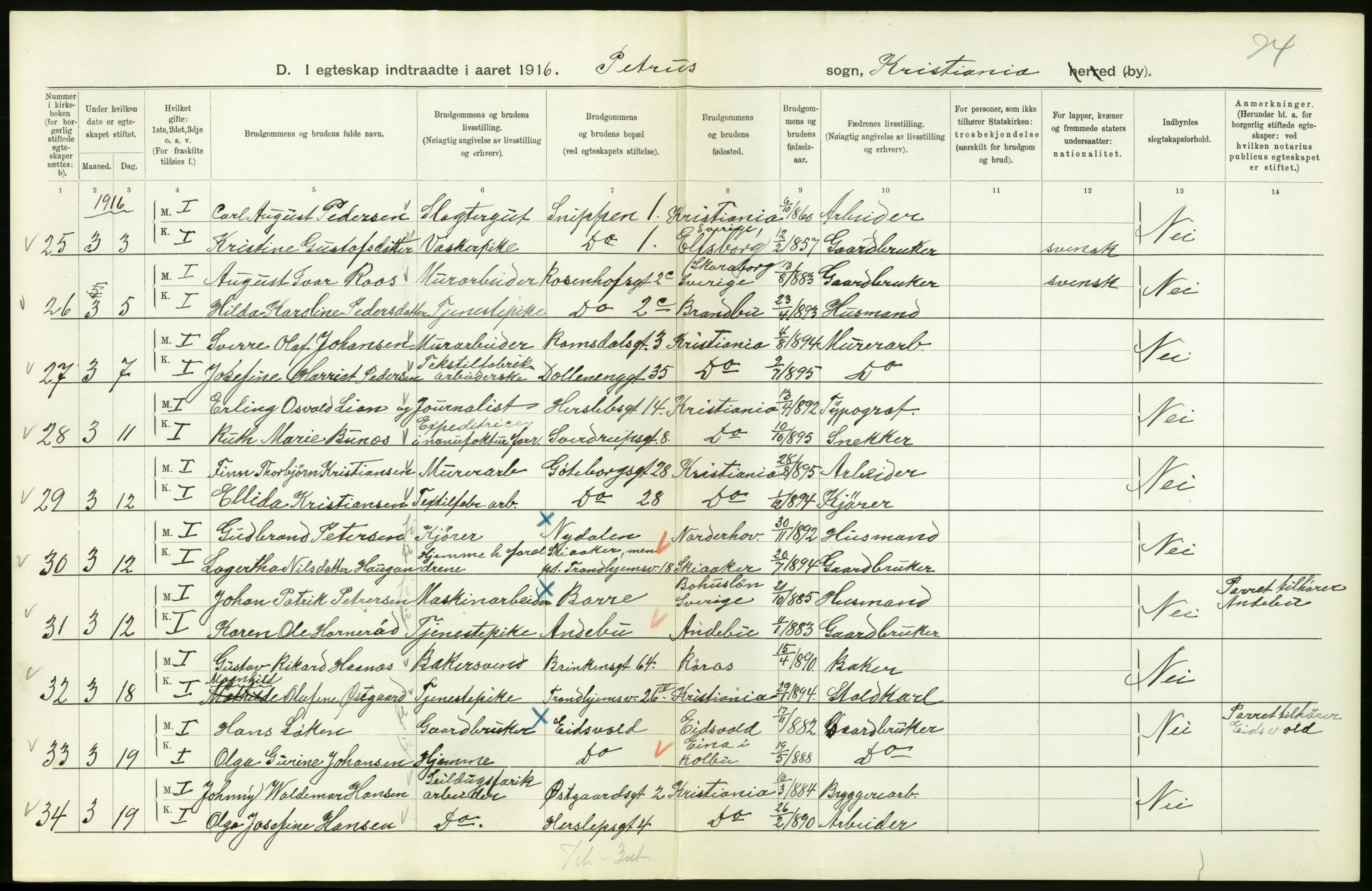 Statistisk sentralbyrå, Sosiodemografiske emner, Befolkning, AV/RA-S-2228/D/Df/Dfb/Dfbf/L0008: Kristiania: Gifte, 1916, s. 8