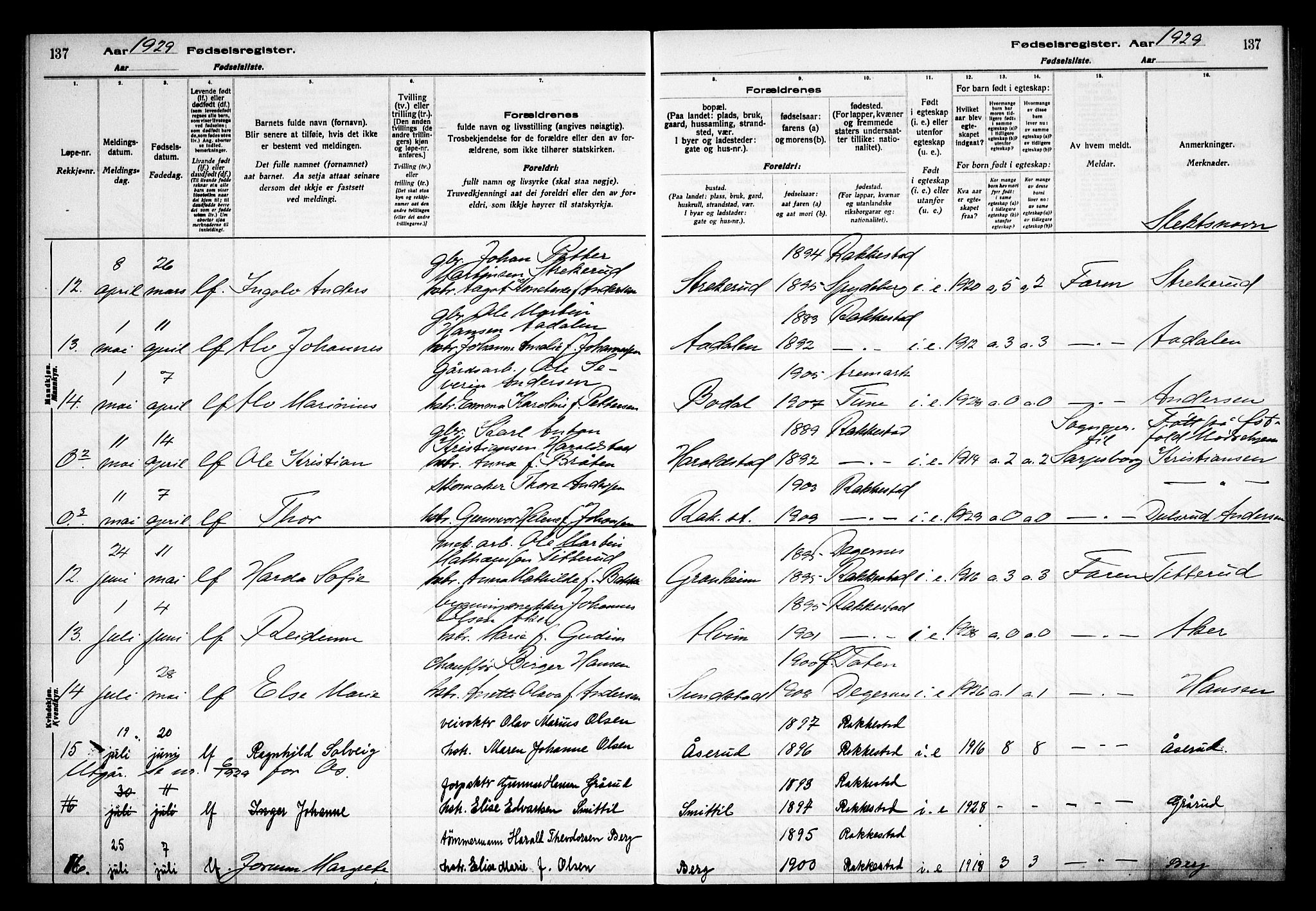 Rakkestad prestekontor Kirkebøker, AV/SAO-A-2008/J/Ja/L0001: Fødselsregister nr. I 1, 1916-1936, s. 137