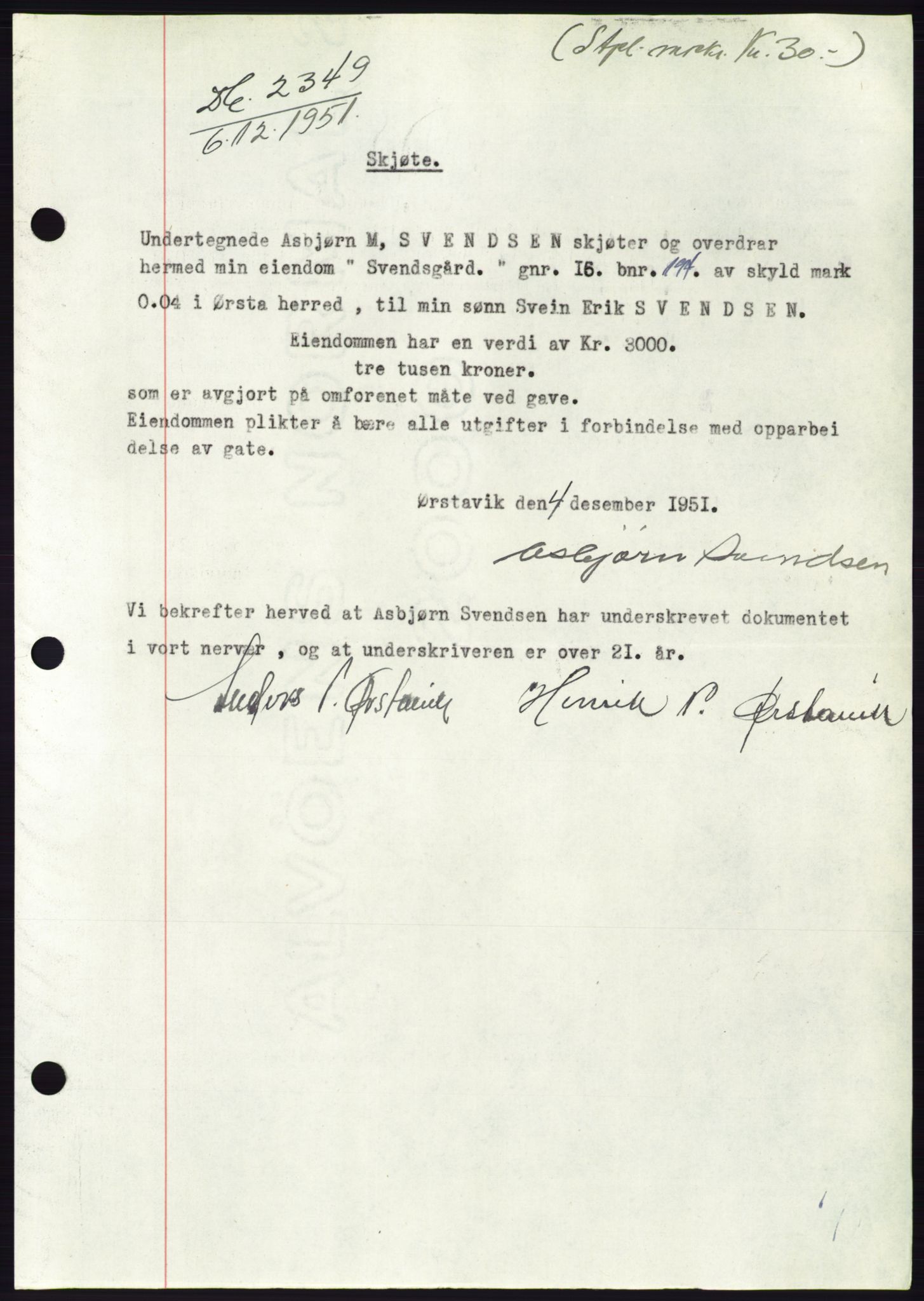Søre Sunnmøre sorenskriveri, AV/SAT-A-4122/1/2/2C/L0090: Pantebok nr. 16A, 1951-1951, Dagboknr: 2349/1951