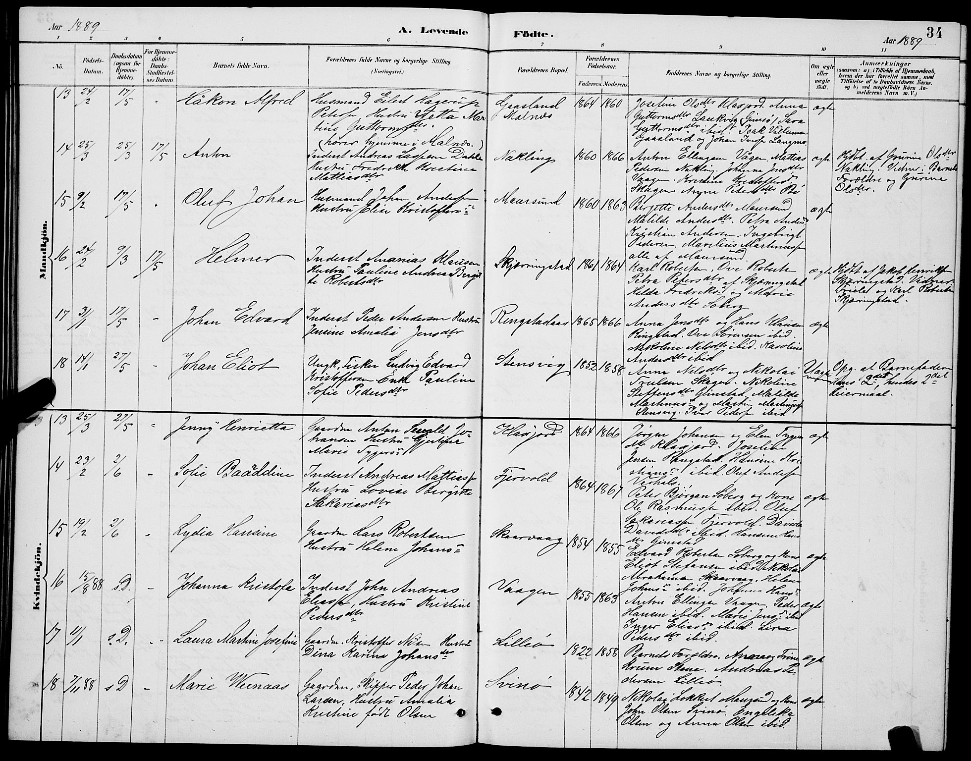 Ministerialprotokoller, klokkerbøker og fødselsregistre - Nordland, AV/SAT-A-1459/891/L1315: Klokkerbok nr. 891C04, 1886-1893, s. 34