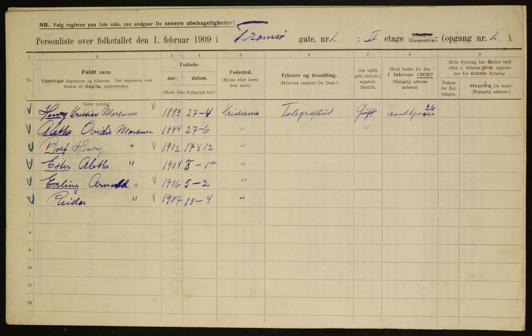 OBA, Kommunal folketelling 1.2.1909 for Kristiania kjøpstad, 1909, s. 104845