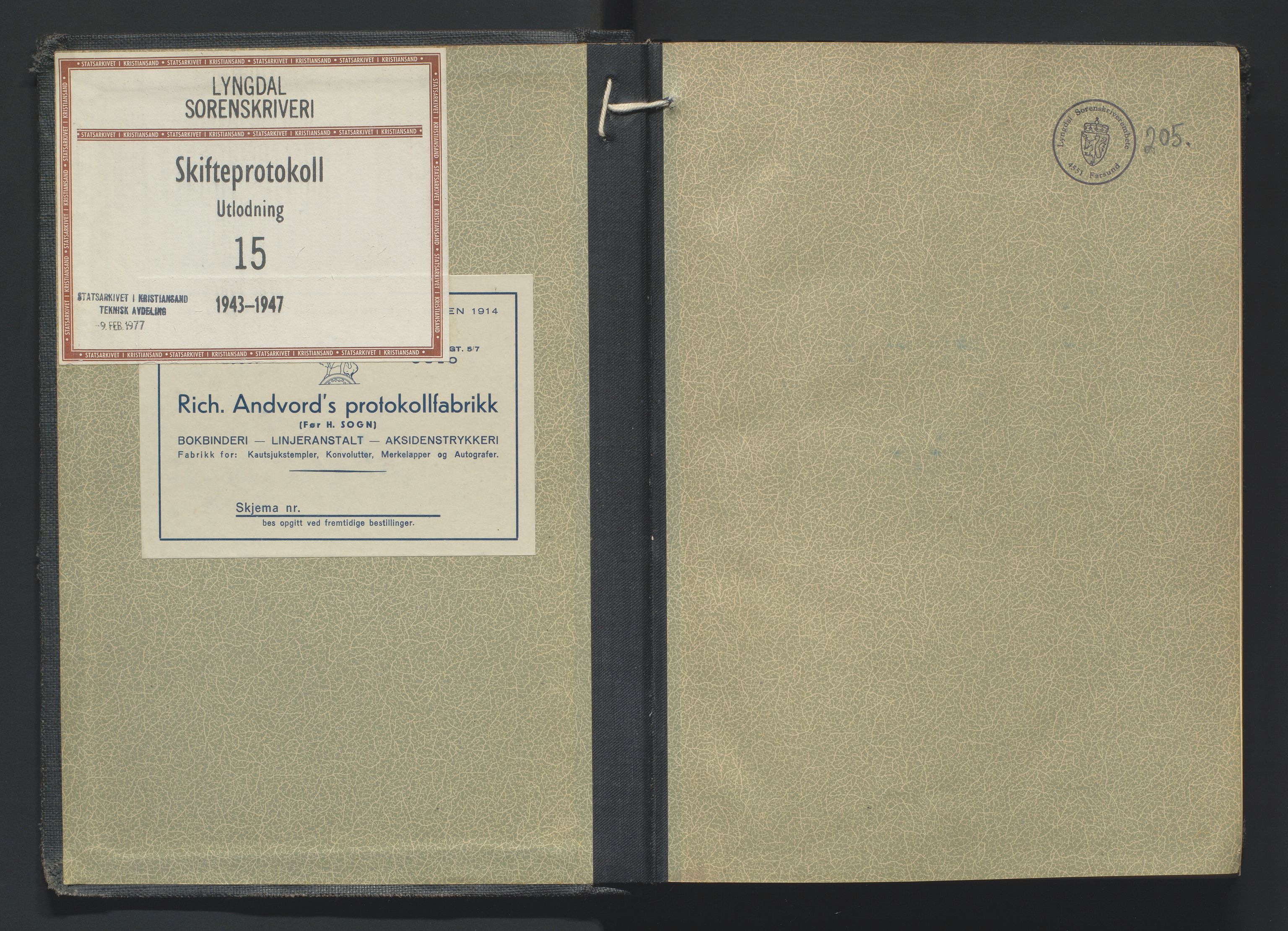 Lyngdal sorenskriveri, AV/SAK-1221-0004/H/Hc/L0905: Skifteutlodningsprotokoll nr. 15, 1943-1947